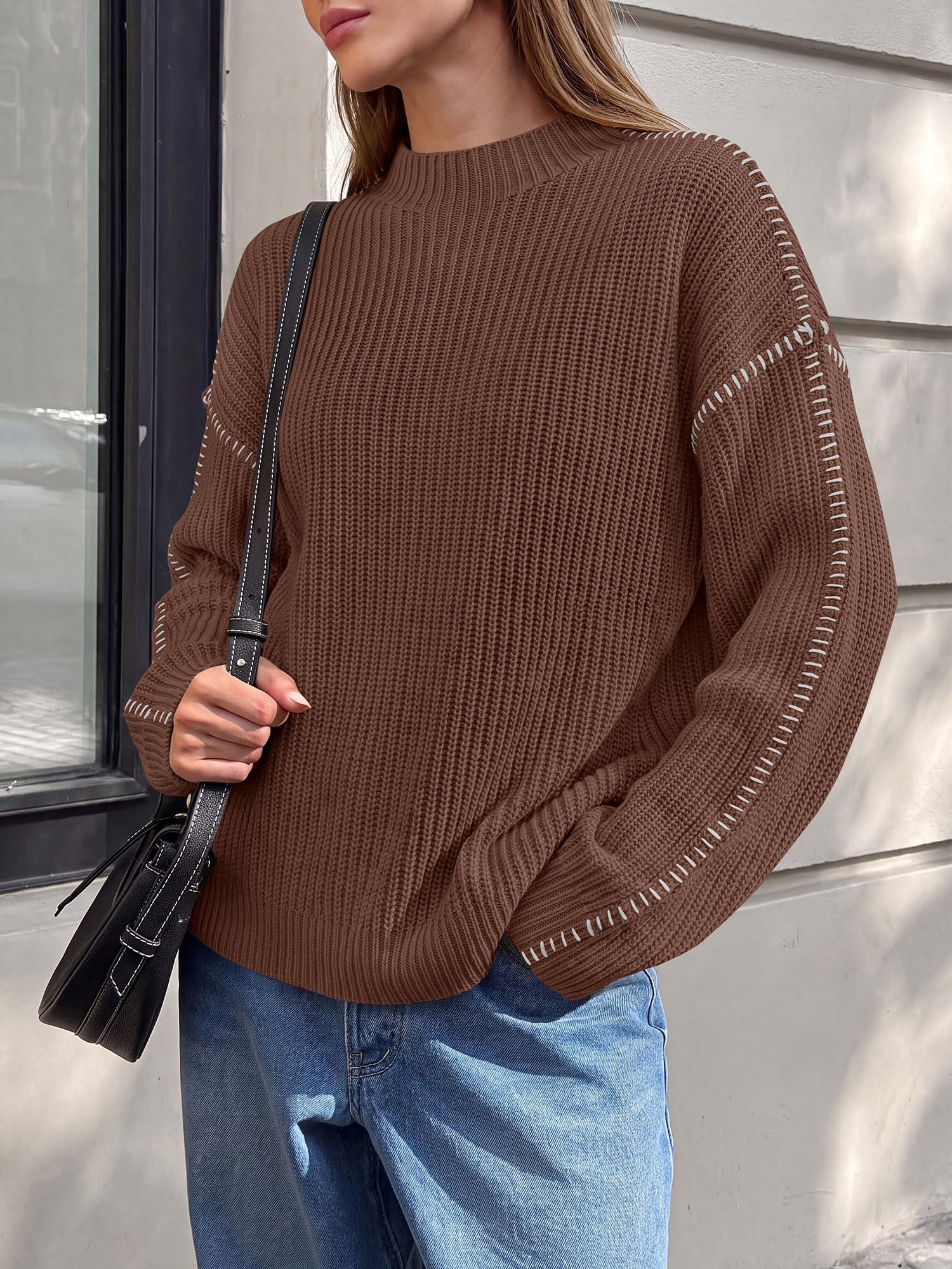 "BTFBM Womens Oversized Sweaters Contrast Chunky Knit Sweater Loose Fit Mock Neck Long Sleeve Tops, Soft Cozy Knitwear, Fall Fashion 2026, Casual Winter Clothing, Daily Going Out Outfits"