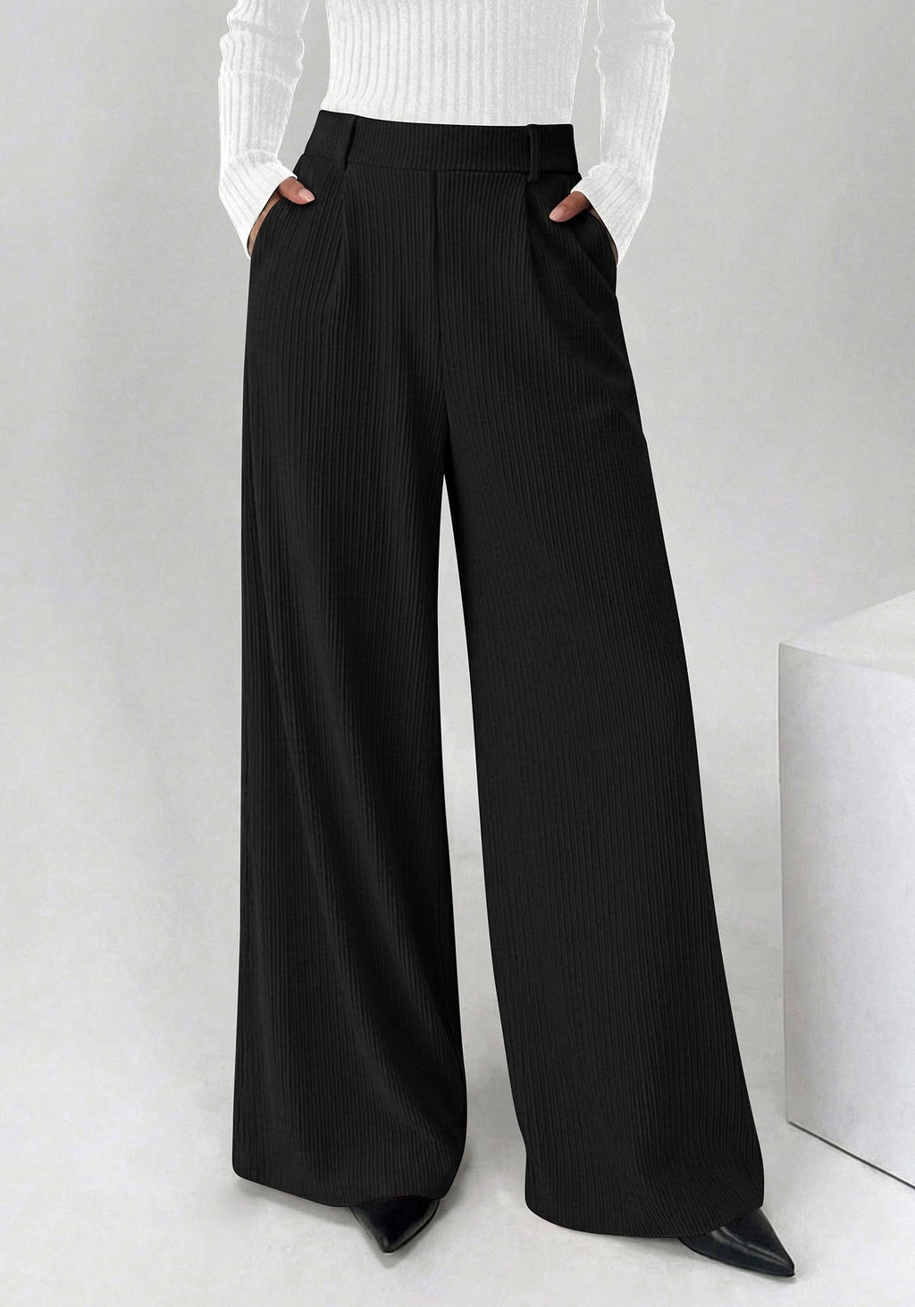 BTFBM Wide Leg Pants for Women Dressy Work Business Casual Elastic High Waisted Trousers Ribbed Lounge Palazzo Pants