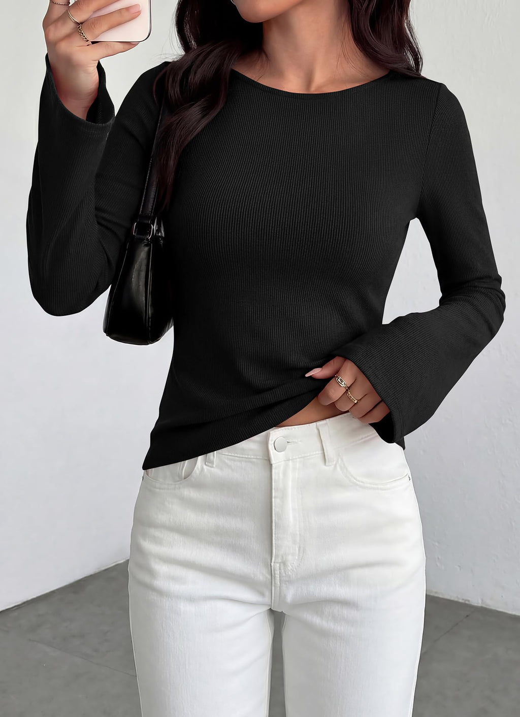 BTFBM Long Sleeve Shirts for Women Spring Y2K Clothes Casual Boat Neck Bell Sleeve Fitted Fall Going Out Tops
