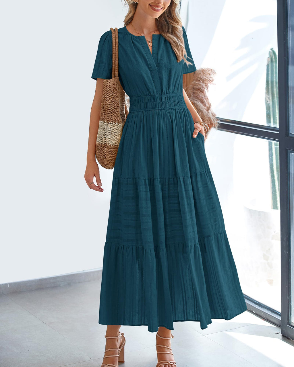 BTFBM Womens Summer Casual Midi Maxi Dresses Lightweight Short Sleeve V Neck Elastic Waist Boho Beach Dress Pockets