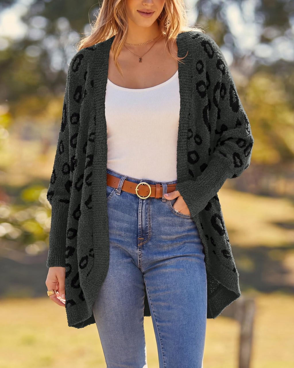 BTFBM Leopard Cardigan for Women Long Sleeve Open Front Cardigans Sweaters Pockets Loose Knit Fall Spring Outwear