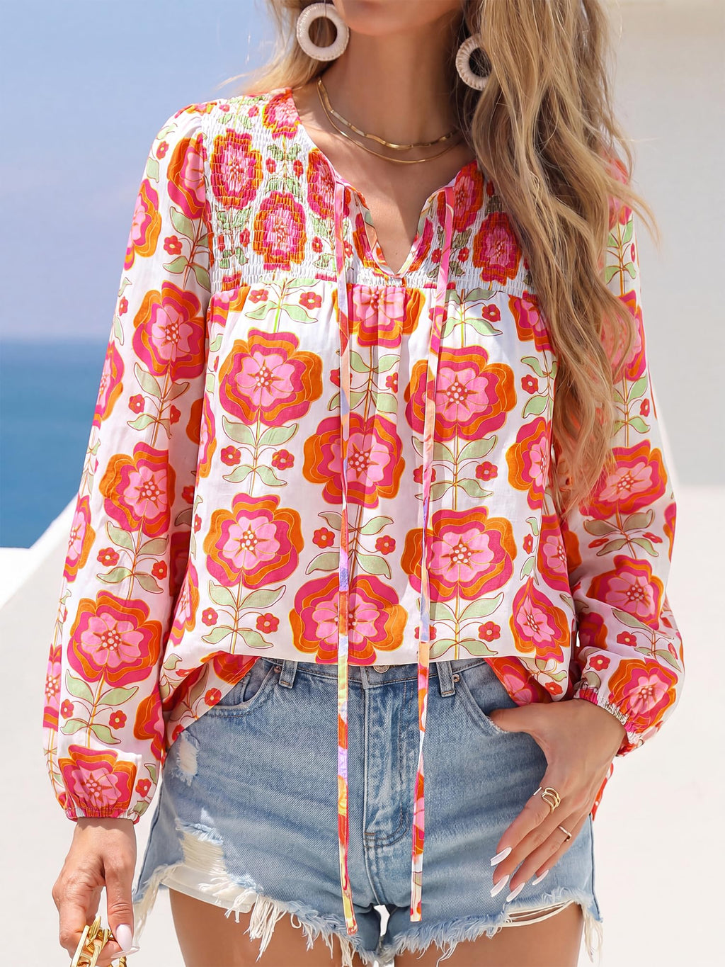FreshPretty Boho Tops for Women Trendy Fall V Neck Floral Peasant Blouse,Lightweight Soft Puff Long Sleeve Shirts,Smocked Self-Tie Polka Dot Loose Work Blouses,Casual Daily Travel Vacation Outfits