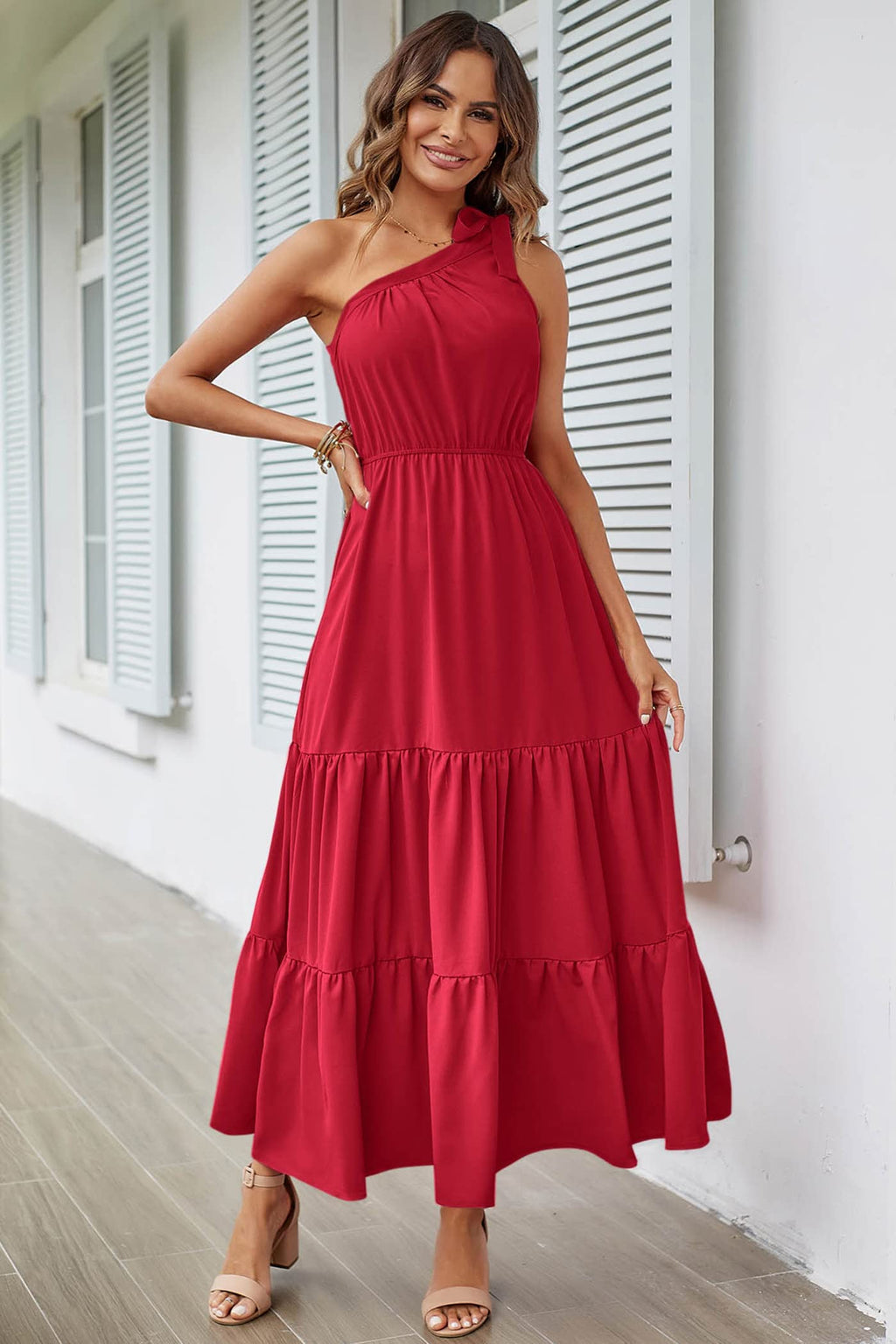 PRETTYGARDEN Women's Summer Floral One Shoulder Maxi Dress Knot Ruffle Boho Beach Vacation Wedding Guest Long Sun Dresses