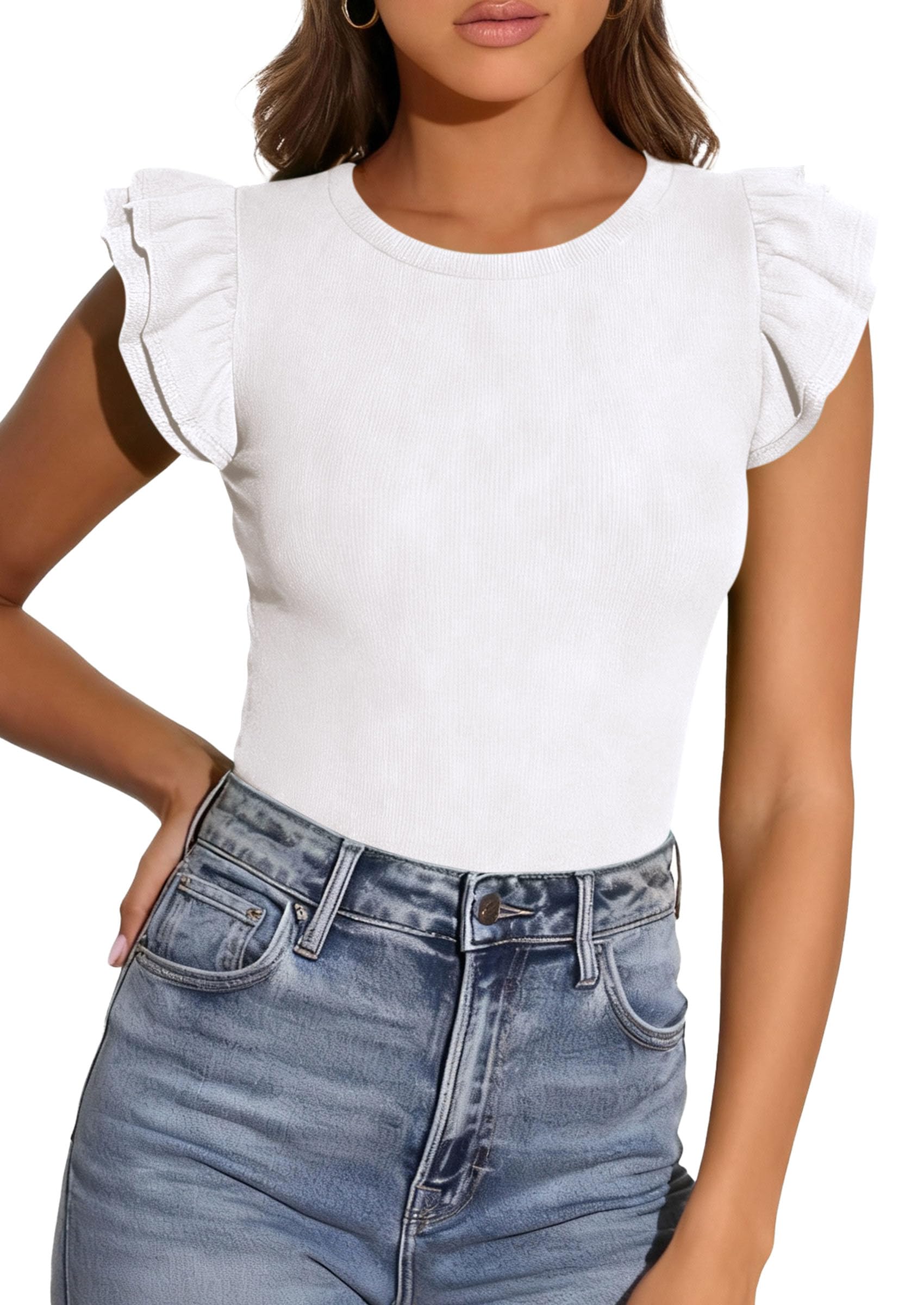 PRETTYGARDEN Womens Summer Crew Neck T Shirts Trendy Ruffle Sleeve Slim Fit Knit Going Out Tops Casual Spring Clothes