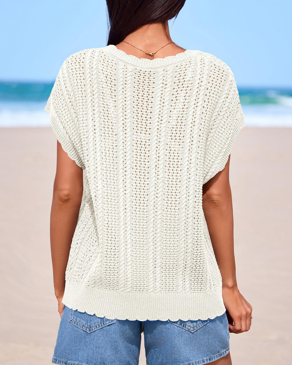 FreshPretty Sweater Vest Women Crochet Top Cap Short Sleeve Sweater Spring Summer Cable Knit Pullover Beach Vacation Outfits