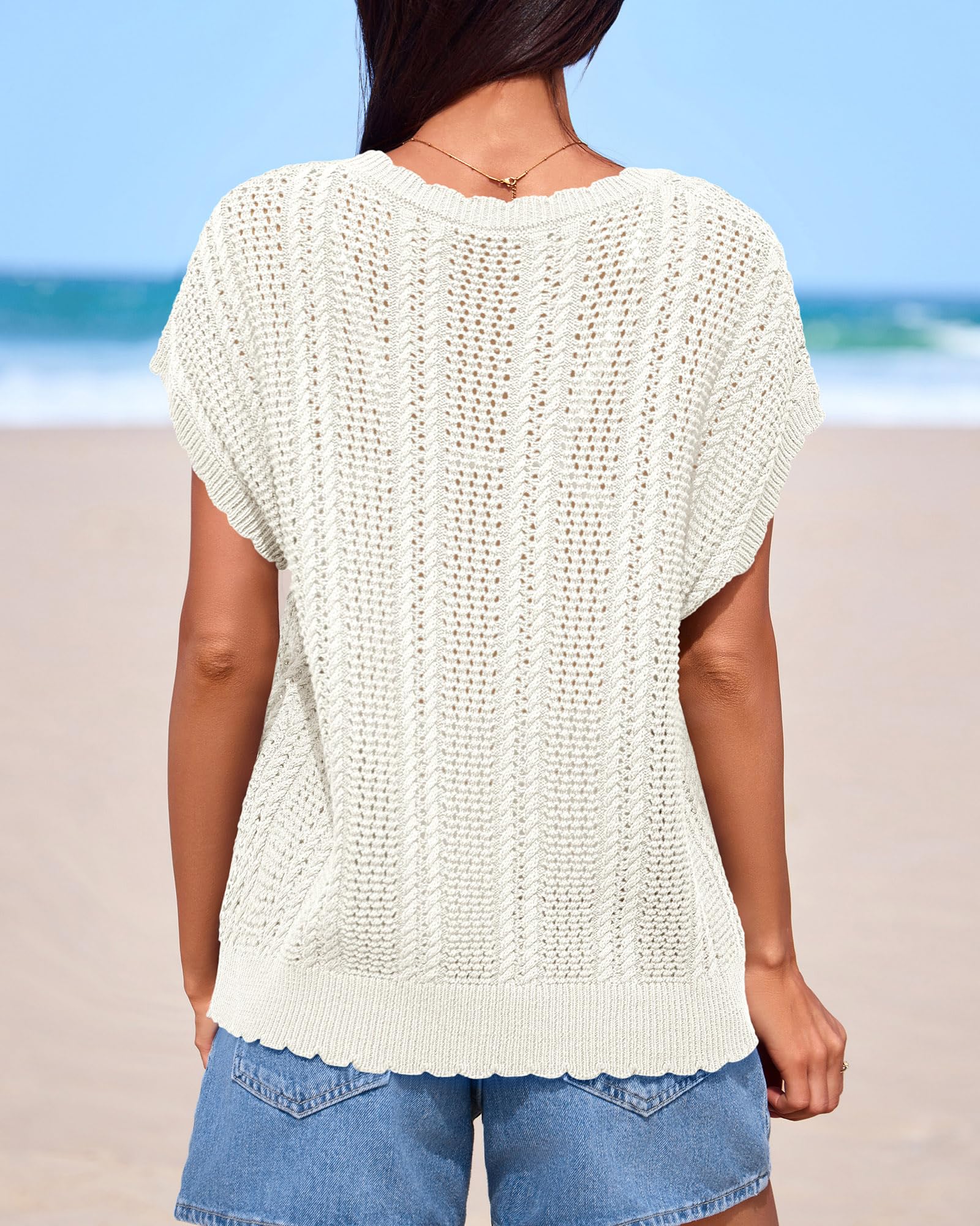 FreshPretty Sweater Vest Women Crochet Top Cap Short Sleeve Sweater Spring Summer Cable Knit Pullover Beach Vacation Outfits