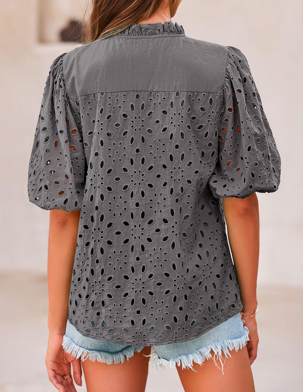 PRETTYGARDEN Women's Summer Tops Dressy Casual Short Sleeve V Neck Buttons Hollow Out Lace Embroidered Blouses Shirts