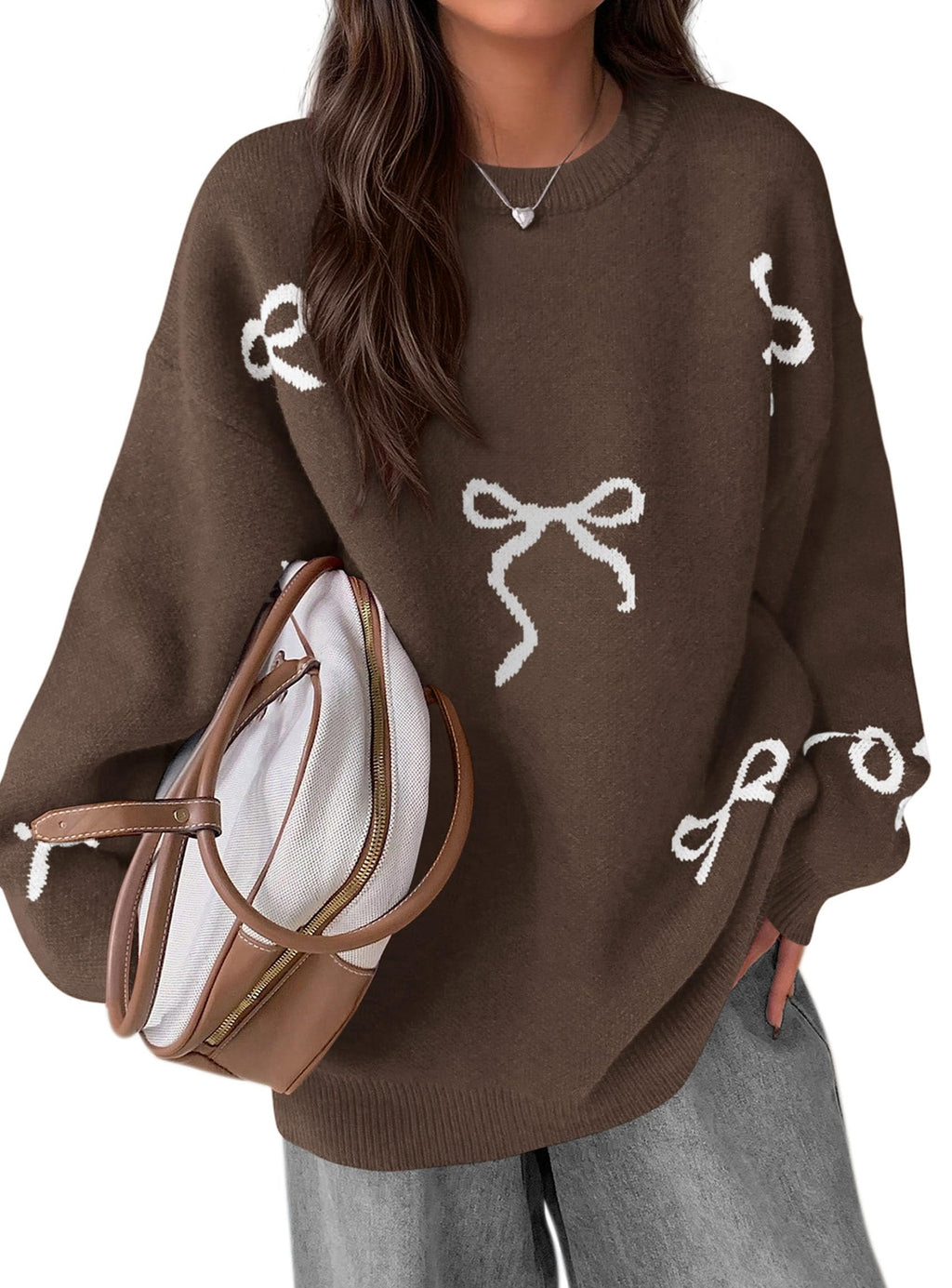 PRETTYGARDEN Fall Long Sleeve Pullover Sweaters for Women Trendy Crewneck Casual Cute Bow Chunky Knit Oversized Sweater