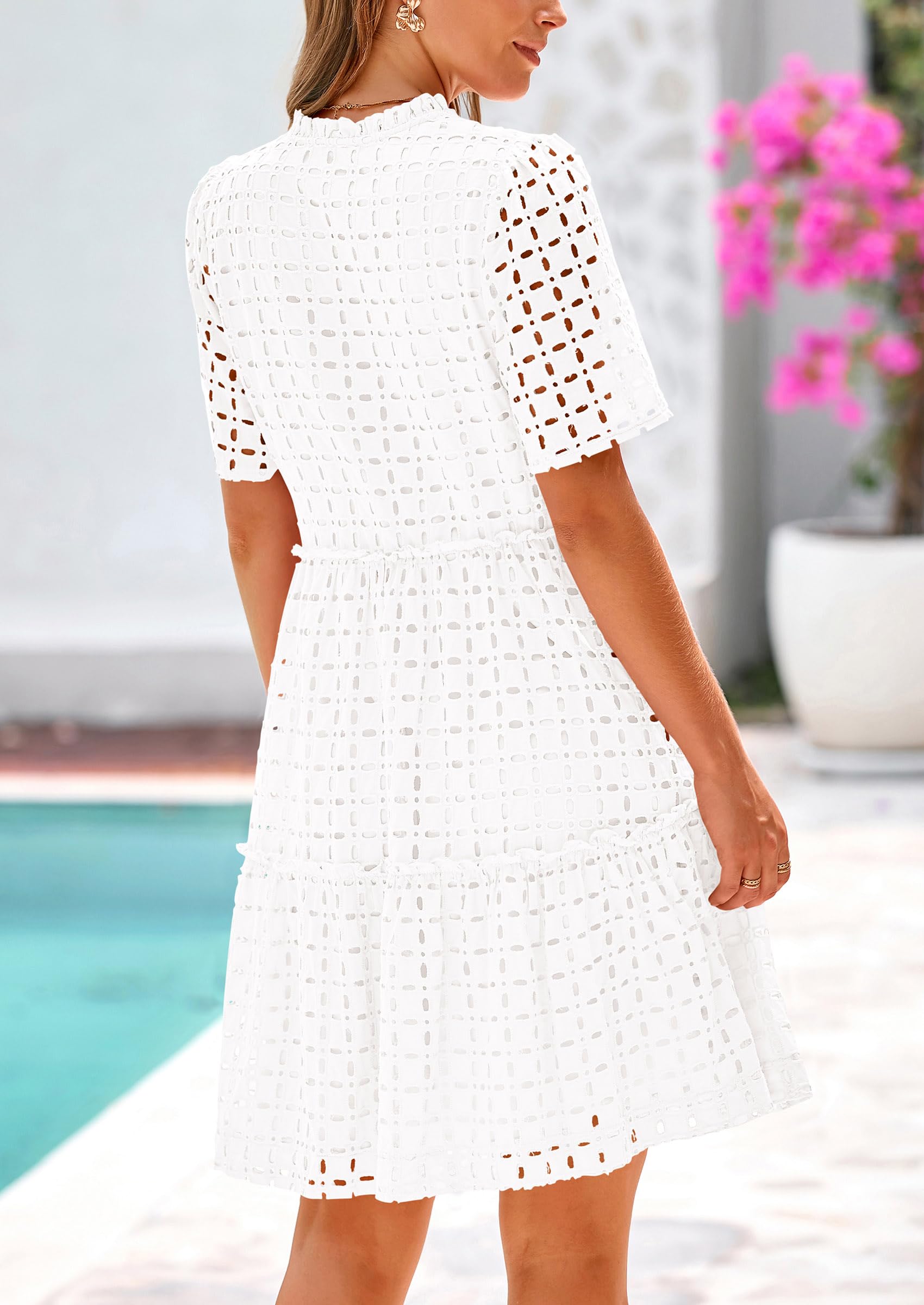 PRETTYGARDEN Eyelet Dresses for Women Summer Short Sleeve V Neck Hollow Out Ruffle A Line Boho Beach Vacation Mini Dress