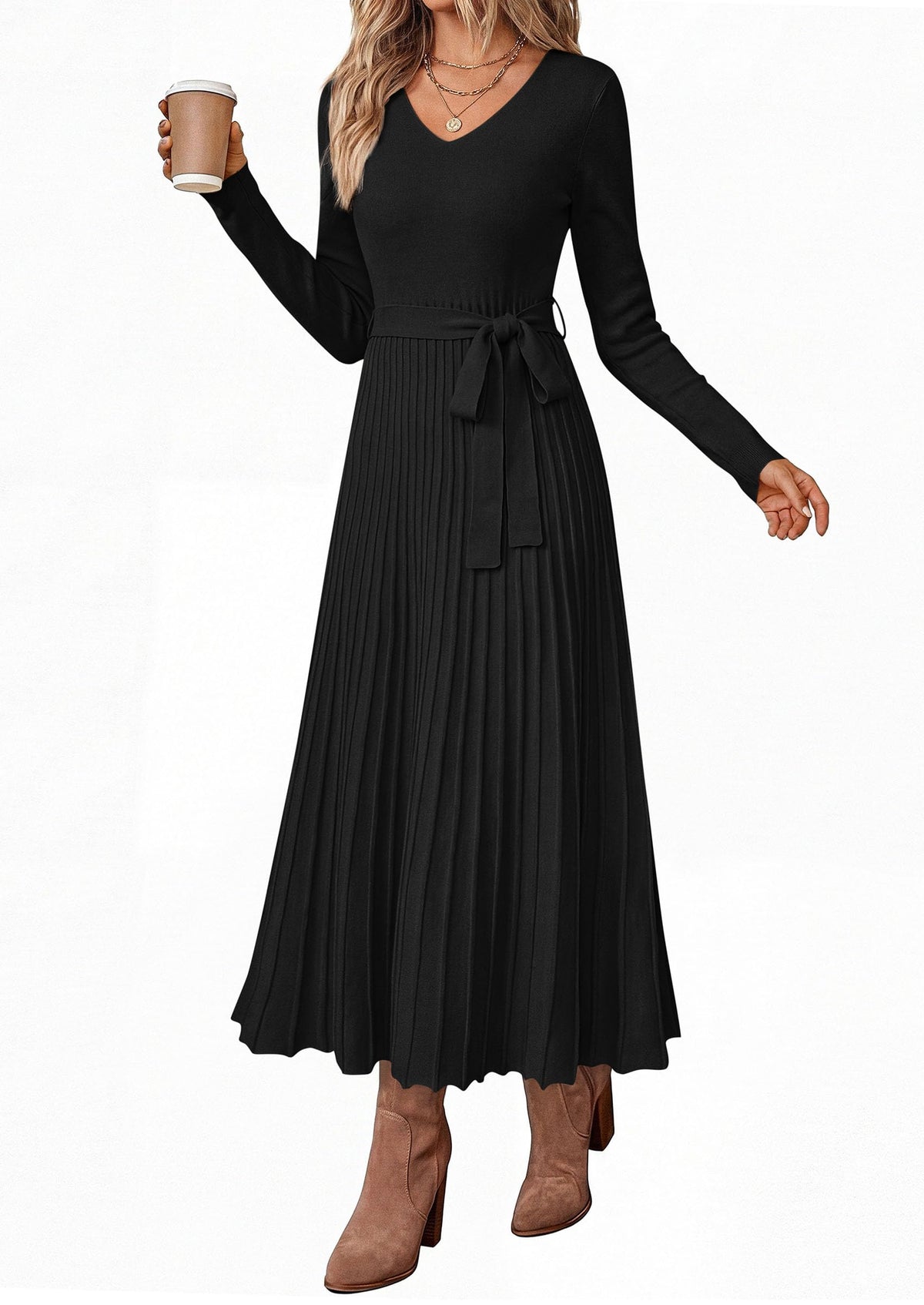 PRETTYGARDEN Womens Fall Maxi Long Sleeve Sweater Dress Soft Stretchy Knit, V Neck A Line Dresses with Bow, Flowy Pleated Hem, Cocktail Party Outfits, Trendy Winter Clothes