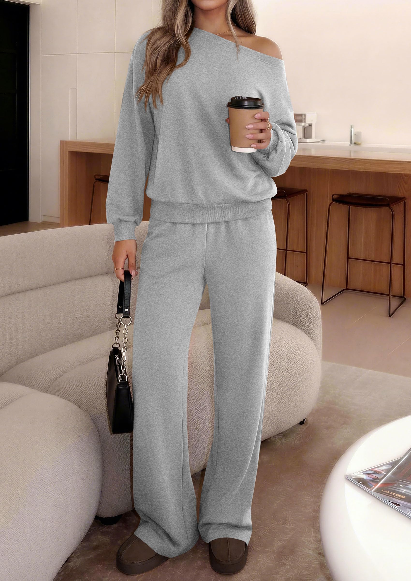 PRETTYGARDEN Womens 2 Piece Casual Matching Lounge Sets Fashion Off the Shoulder Sweatshirt, Wide Leg Pants with Pockets, Comfy Airport Travel Outfit,Trendy Fall Set