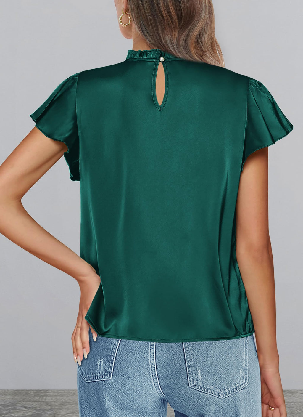 PRETTYGARDEN Business Casual Tops for Women Blouses Dressy  Summer Short Sleeve Ruffle Satin Work Office Attire