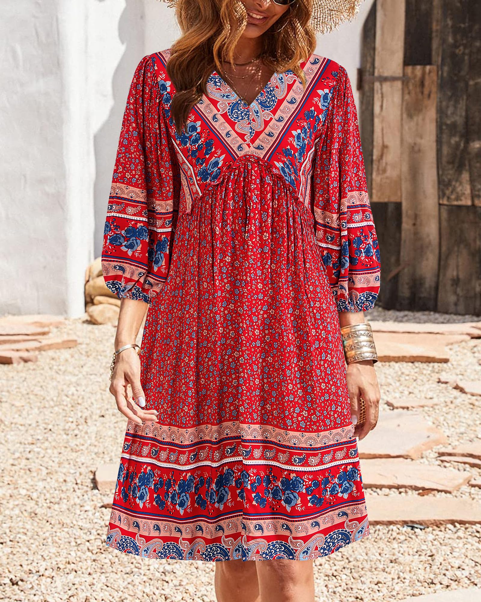 BTFBM Women Casual Spring Summer Dresses V Neck 3/4 Long Sleeve Ruffle Floral Flowy Boho Babydoll Mini Short Beach Dress