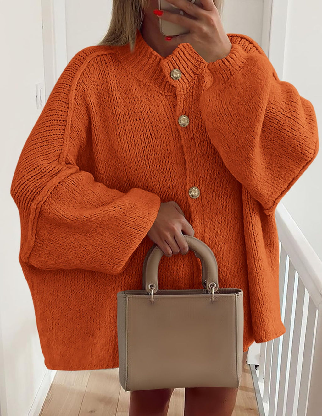 PRETTYGARDEN Women's Winter Button Down Cardigan Sweaters Mock Neck Lantern Long Sleeve Chunky Knit Jacket Trendy Outerwear