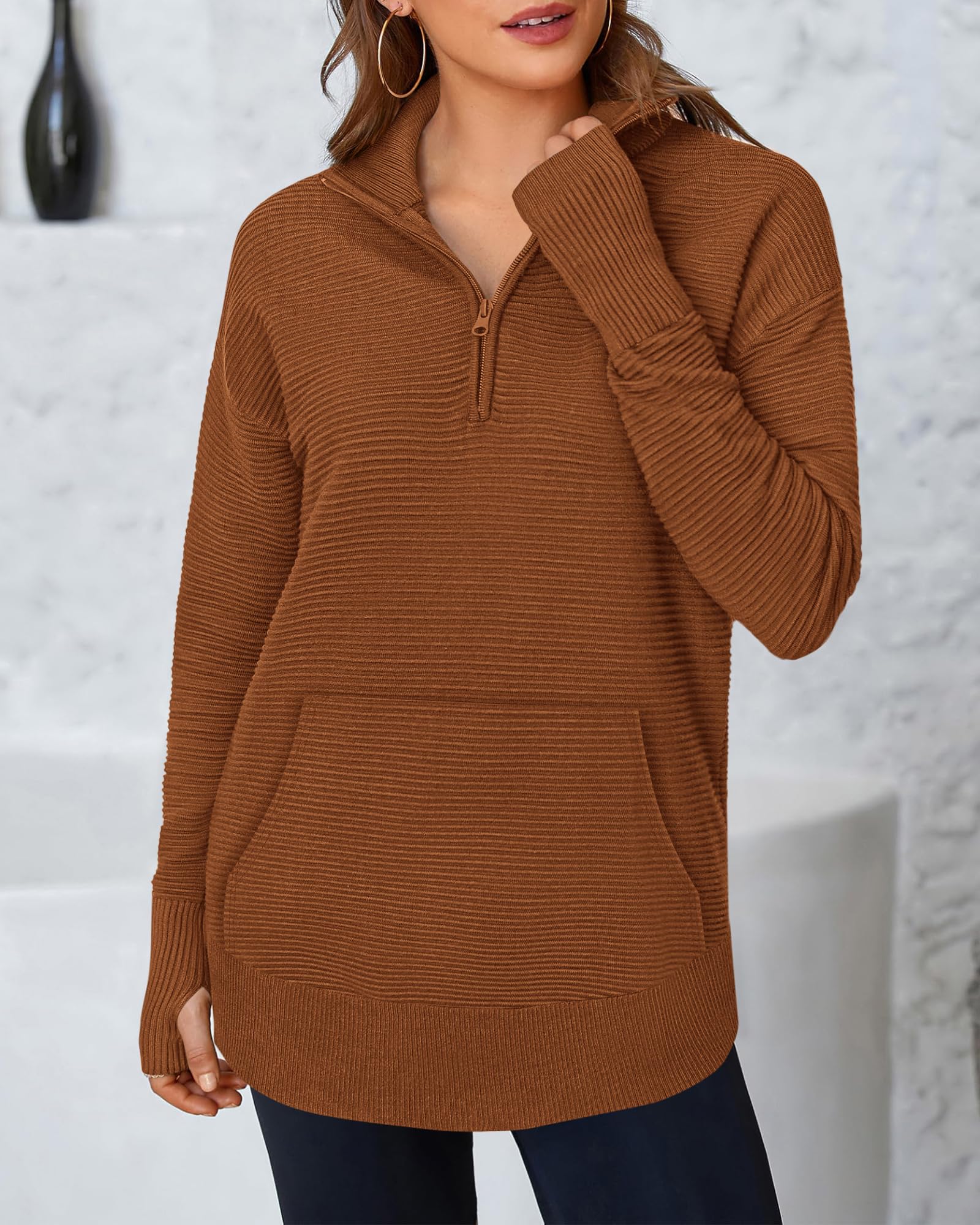 BTFBM Sweaters for Women Fall Clothes Pocket Quarter Zip Pullover V Neck Long Sleeve Knit Trendy Winter Sweater