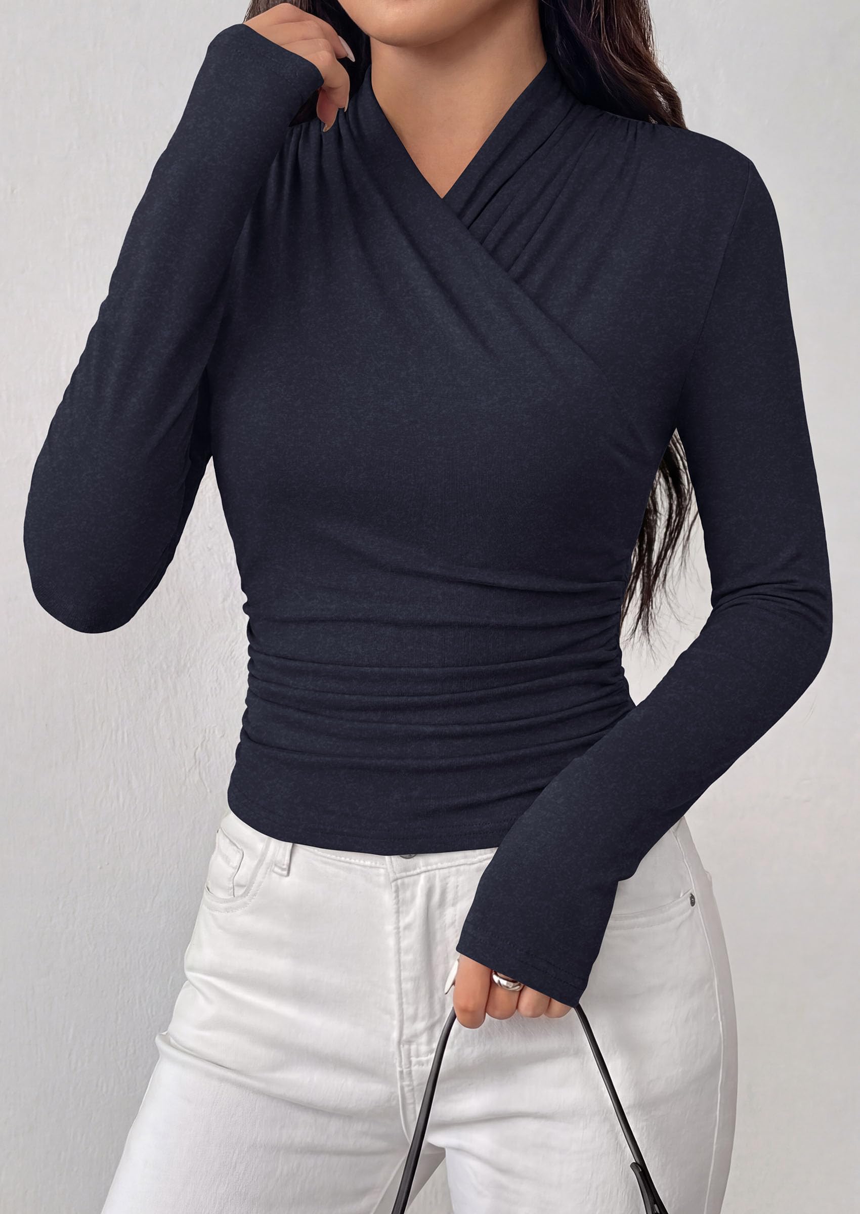 PRETTYGARDEN Womens Long Sleeve Shirts Going Out Wrap Top | Soft Heathered Stretchy Viscose Fitted Blouse, V Neck Ruched Waist Dressy Tops, Office Business Casual Fall Winter Daily Wear