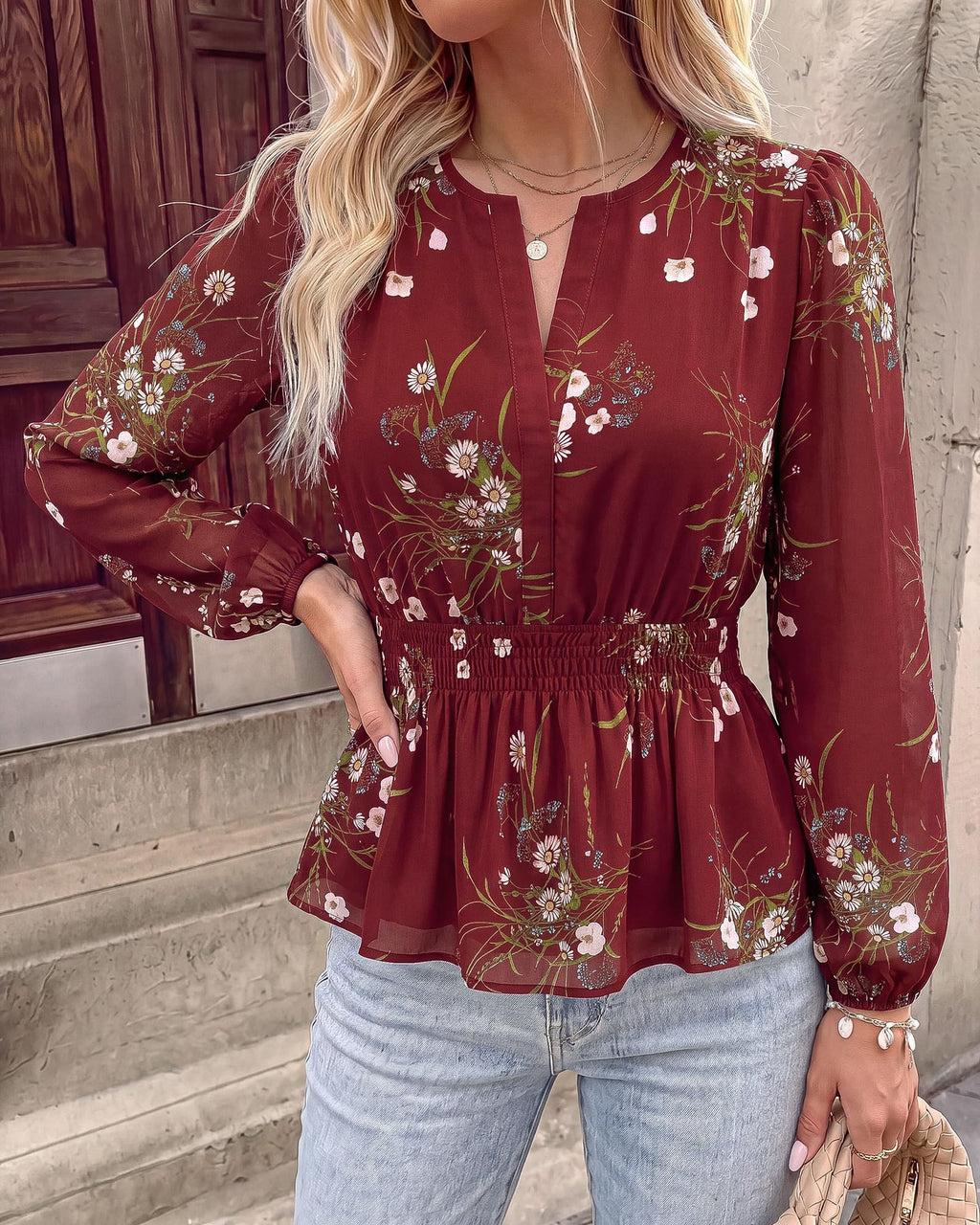 BTFBM Womens Tops Dressy Casual Floral V Neck Long Sleeve Chiffon Shirts | Chiffon Lantern Sleeve Flowy Peplum Sheer Top,Elastic Waist Babydoll Blouses,Boho Vacation Outfits,Fall Fashion Clothing