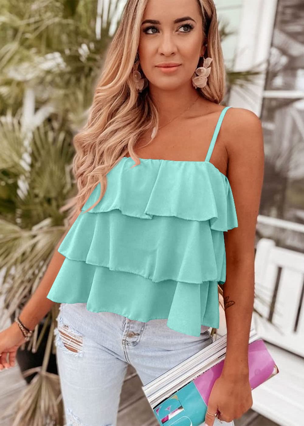 FreshPretty Spaghetti Strap Ruffle Babydoll Peplum Tank Tops for Women Summer Cute Flowy Beach Vacation Cruise Outfits
