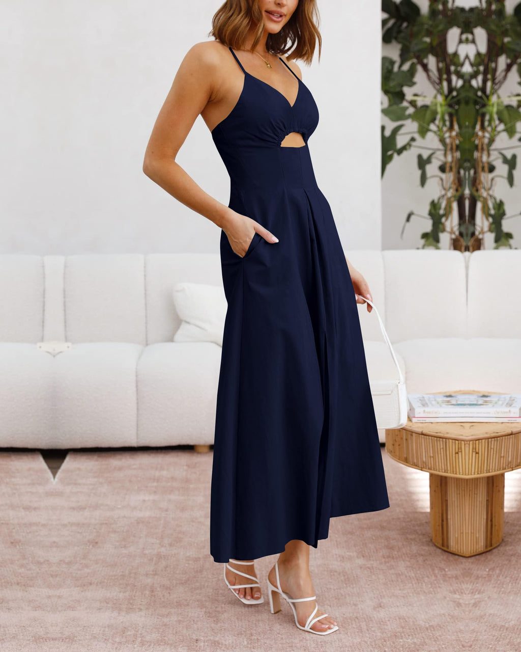 BTFBM Women Spaghetti Strap Midi Summer Dresses Sleeveless V Neck Cutout Slit Casual Beach Party Maxi Dress Pockets