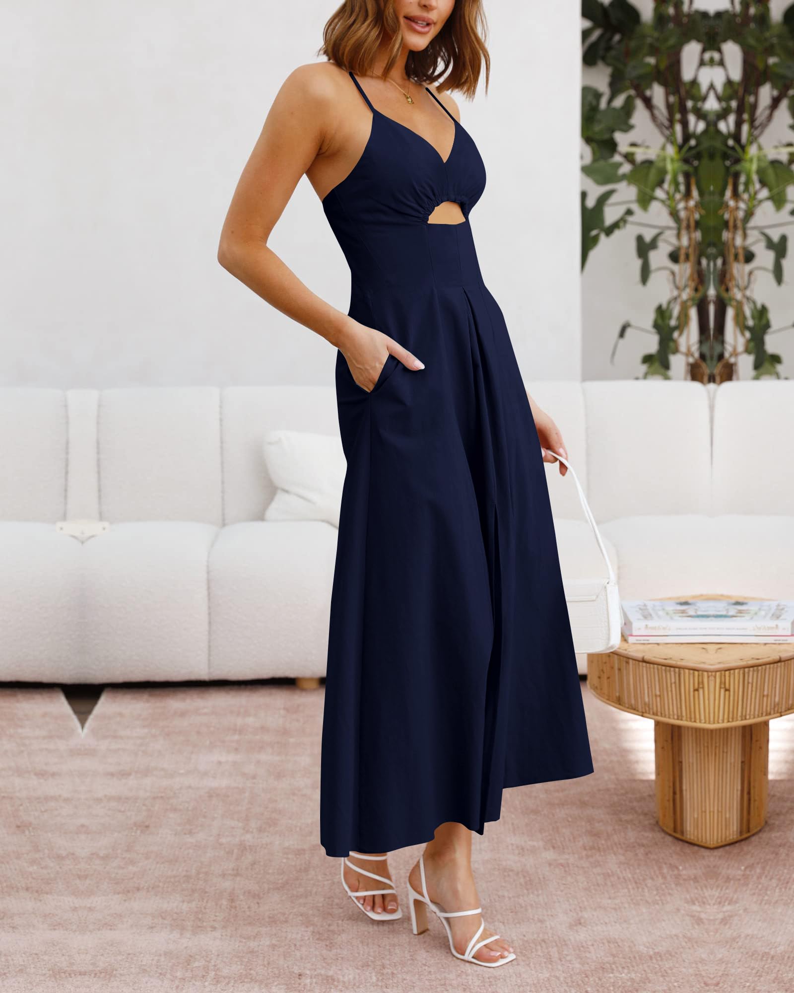 BTFBM Women Spaghetti Strap Midi Summer Dresses Sleeveless V Neck Cutout Slit Casual Beach Party Maxi Dress Pockets