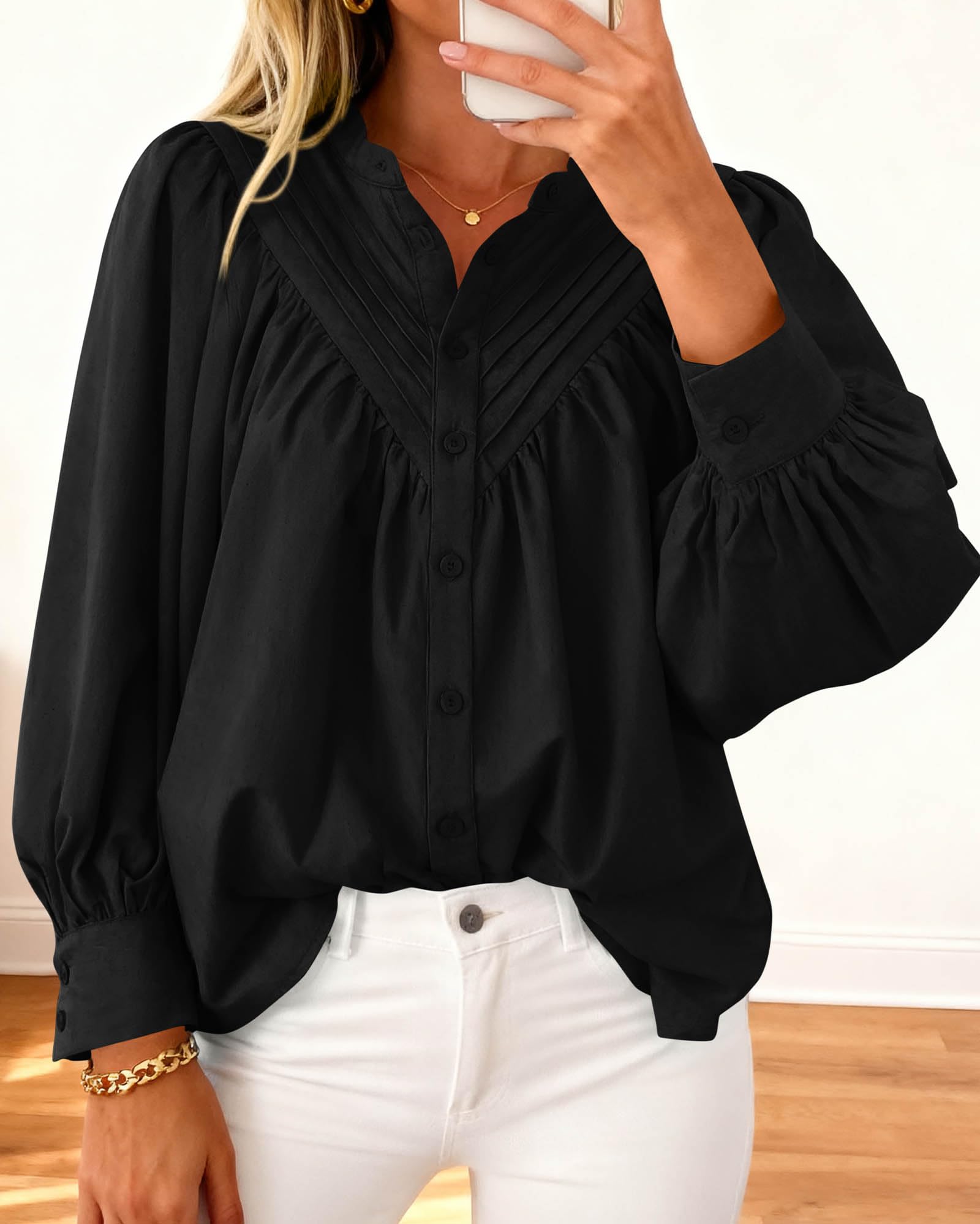 FreshPretty Blouses for Women Dressy Casual Fashion Clothing Long Sleeve Shirts Loose Fit Button Down Pleated Boho Going Out Tops