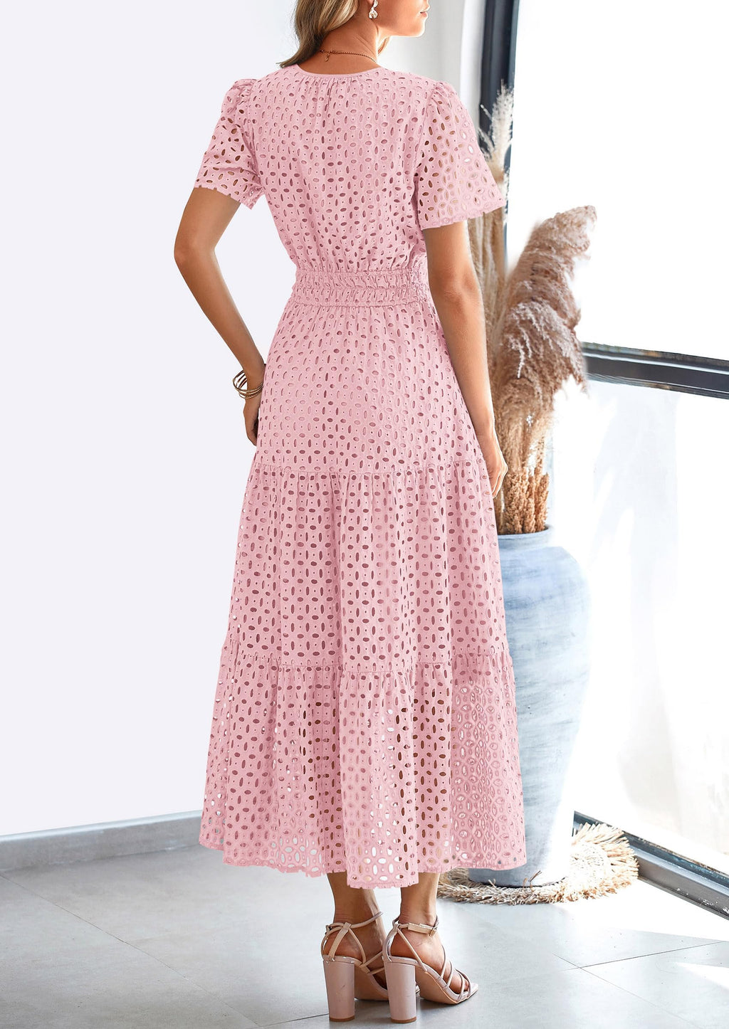 PRETTYGARDEN Womens Summer Maxi Dress Short Sleeve V Neck Hollow Out Eyelet A Line Long Flowy Beach Vacation Dresses