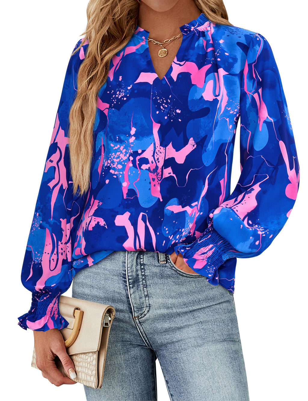 FreshPretty Womens V Neck Floral Long Sleeve Tops Summer Casual Loose Puff Sleeve Chiffon Boho Work Blouse Dressy T Shirts