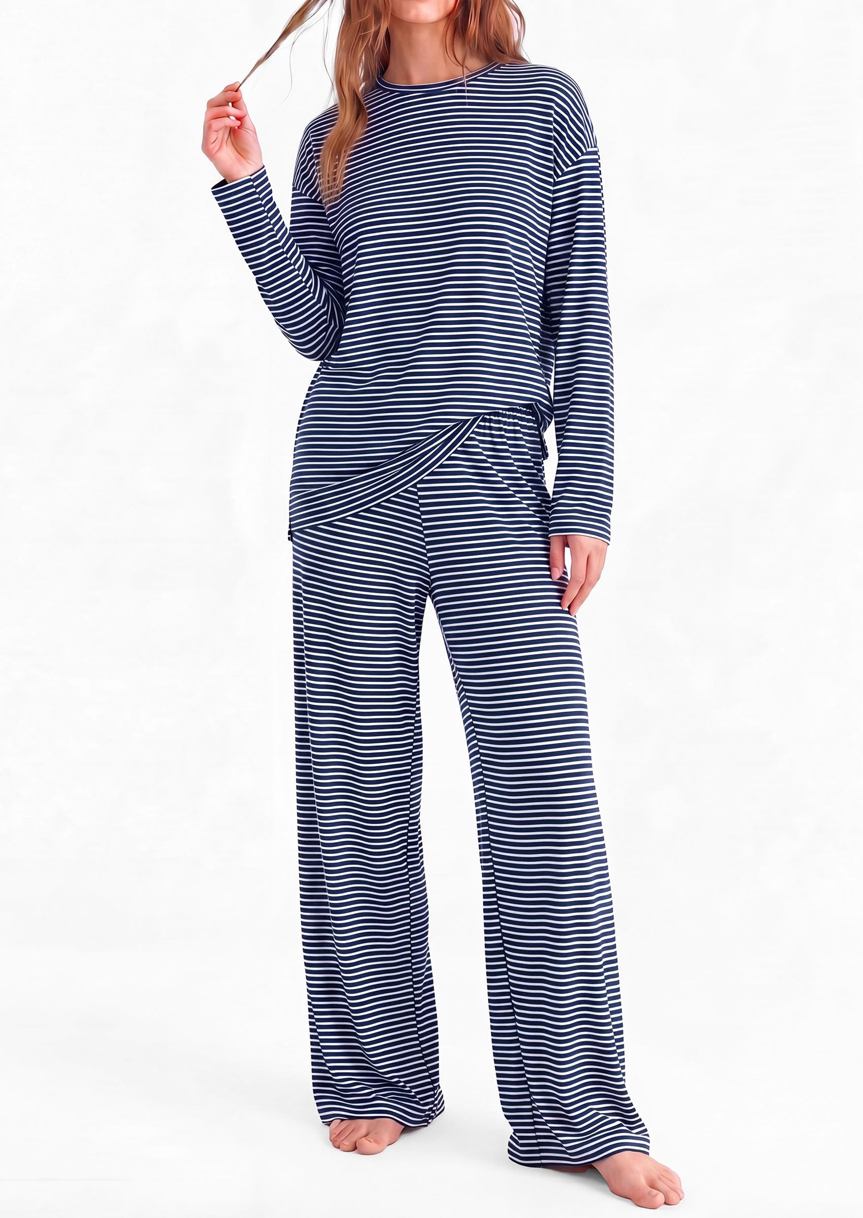 PRETTYGARDEN Womens Striped Lounge Set Fall Winter 2 Piece Sets Side Slit Long Sleeve T-Shirts & Wide Leg Pants, Matching Pajama Sets, Comfy Pj Set, Loungewear with Pockets, Fashion Clothes
