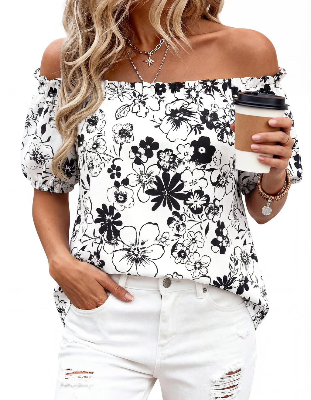 BTFBM Off The Shoulder Spring Tops for Women Summer Blouses Boho Floral Short Sleeve Shirts Dressy Casual Outfits