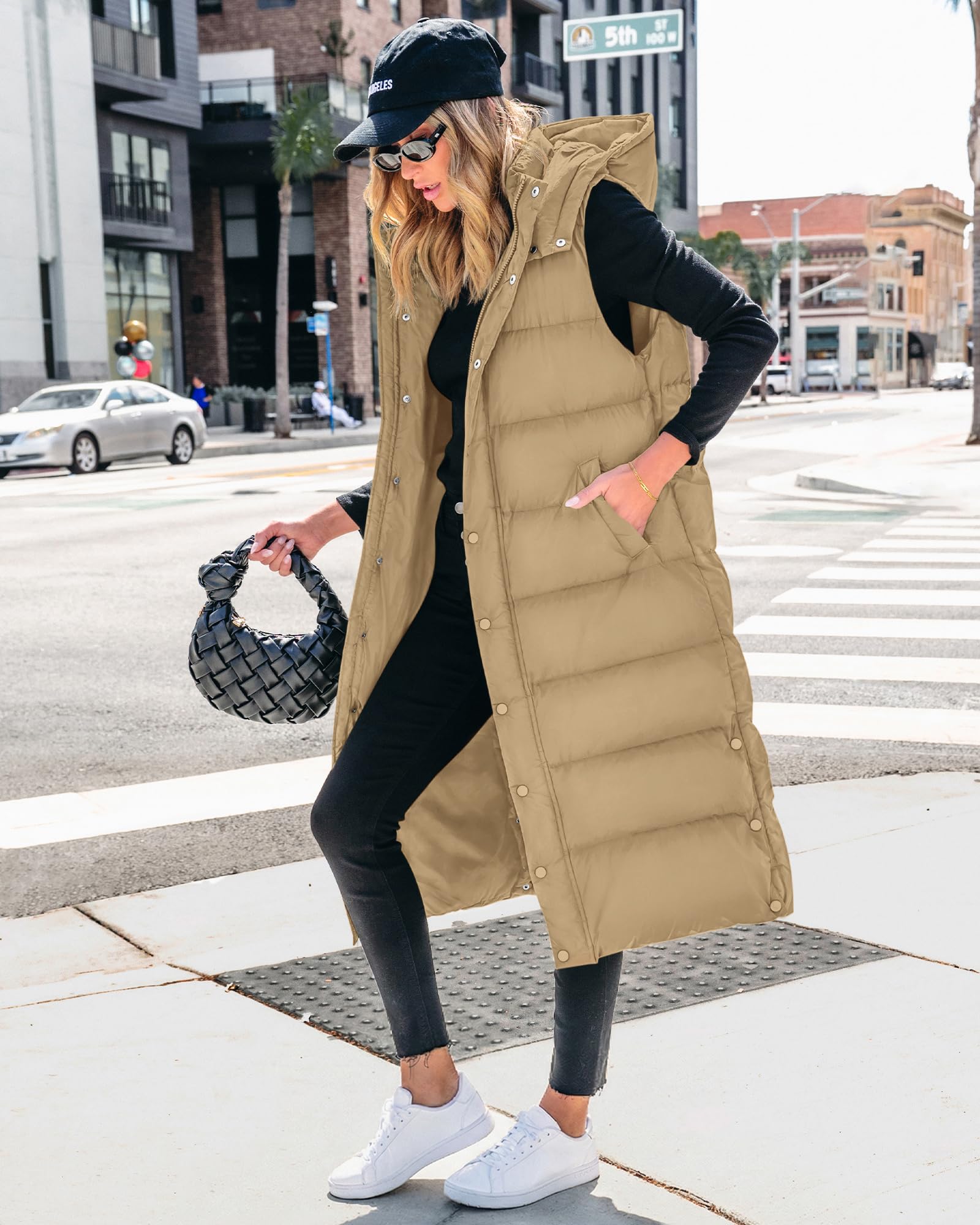 BTFBM Long Puffer Vest Women Quilted Hooded Button Down Zip Up Sleeveless Vests Outerwear Padded Jacket Fall Winter Coat