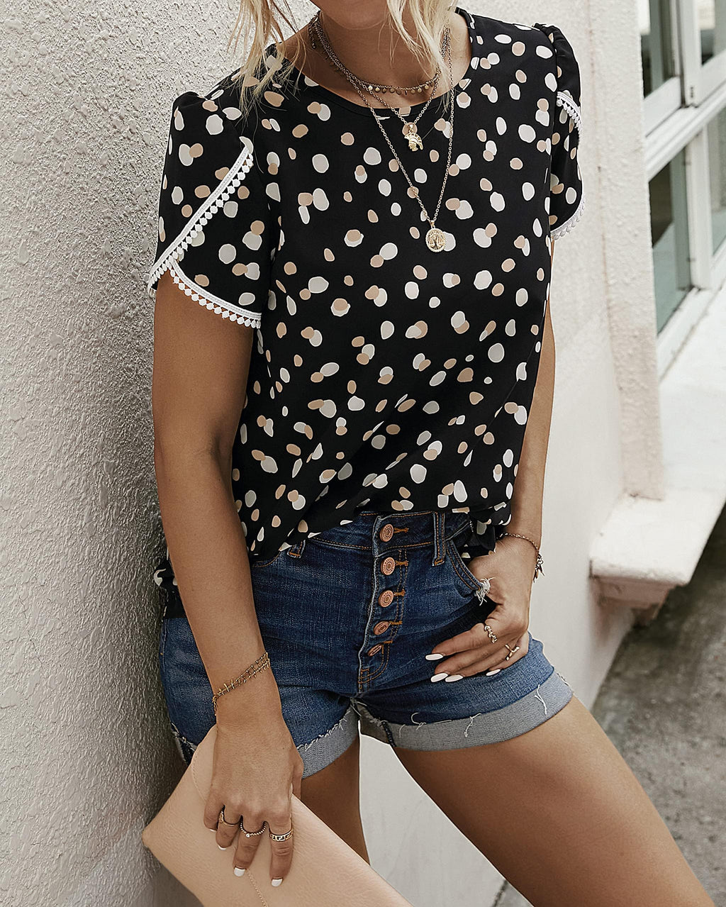 PRETTYGARDEN Womens Summer Tops Casual Ruffle Short Sleeve Crewneck Shirts Loose Basic Work Blouses Spring Outfits