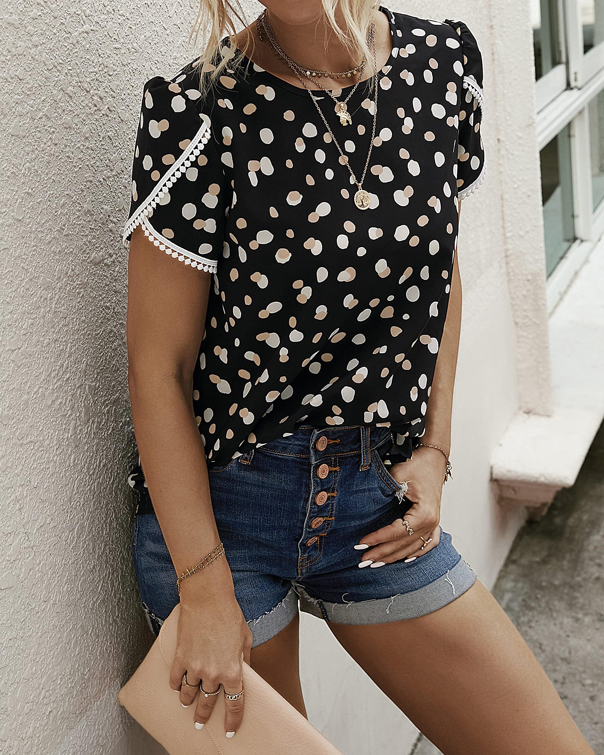 PRETTYGARDEN Womens Summer Tops Casual Ruffle Short Sleeve Crewneck Shirts Loose Basic Work Blouses Spring Outfits