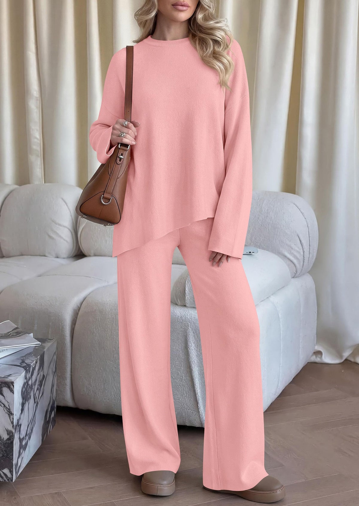 PRETTYGARDEN Womens Fall 2 Piece Asymmetric Cozy Sweater Travel Lounge Sets Crewneck Drop Shoulder Tops, Wide Leg Pants, Soft Casual Knit Matching Set,Vacation Airport Holiday Outfits