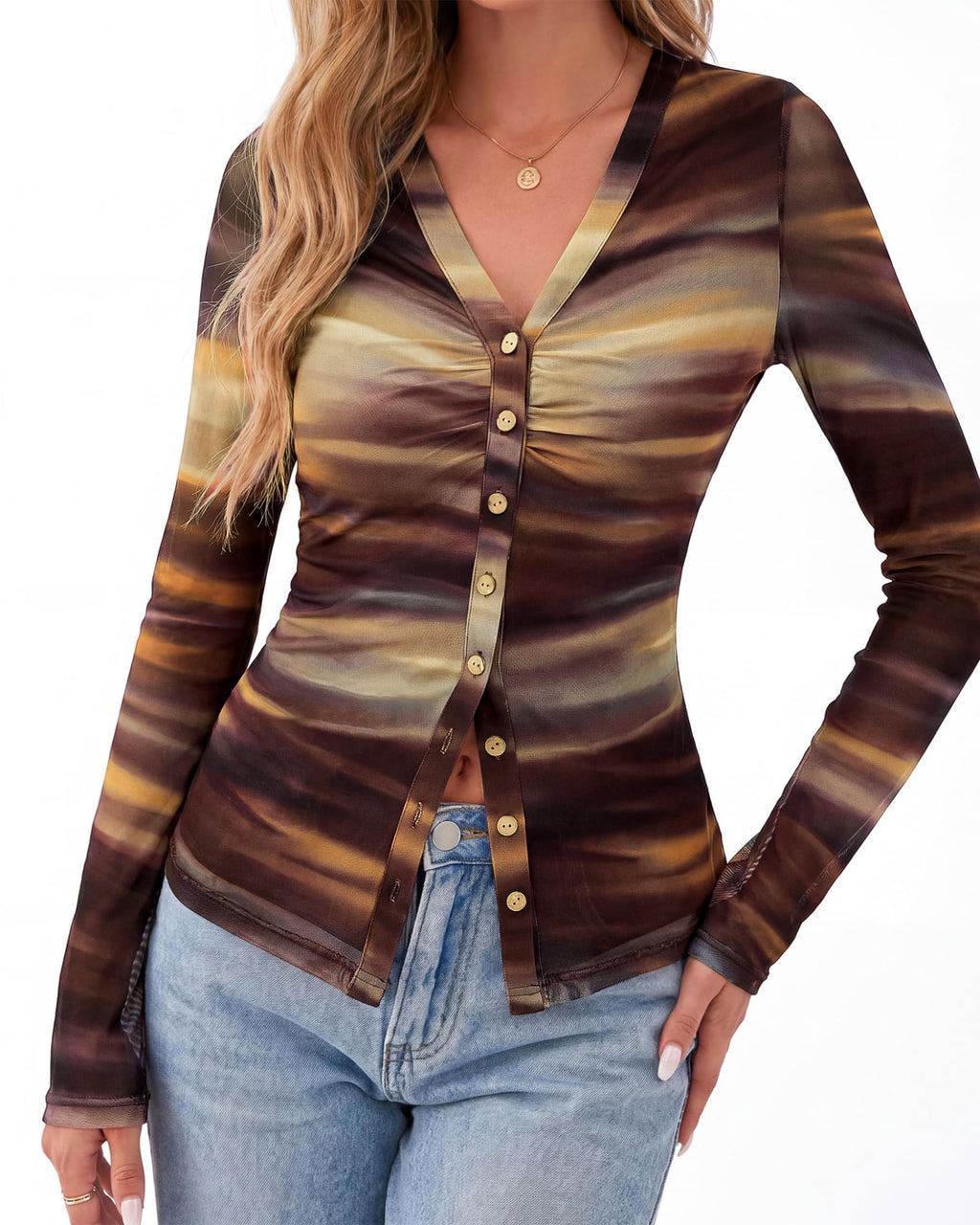 BTFBM Button Down Shirts for Women Spring Boho Tops V Neck Long Sleeve Blouses Ruched Mesh Fitted Fall Fashion