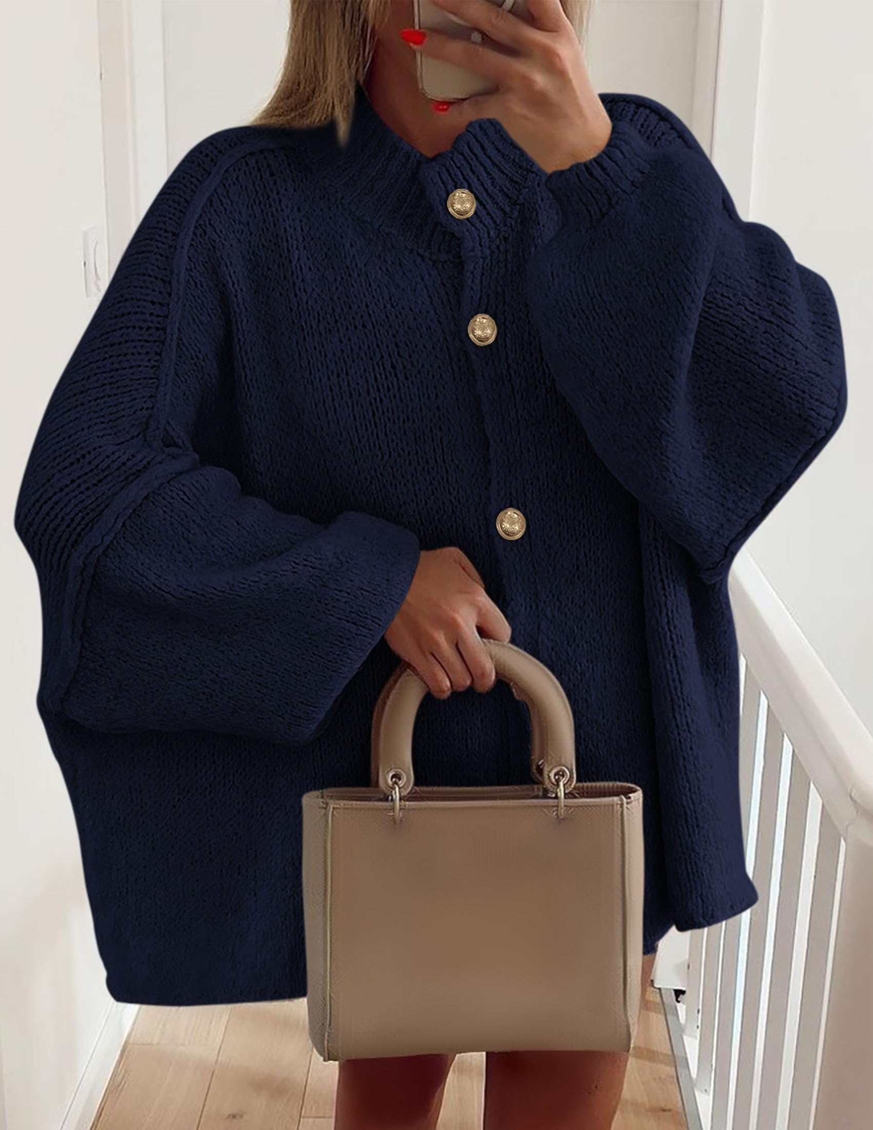 PRETTYGARDEN Women's Winter Button Down Cardigan Sweaters Mock Neck Lantern Long Sleeve Chunky Knit Jacket Trendy Outerwear