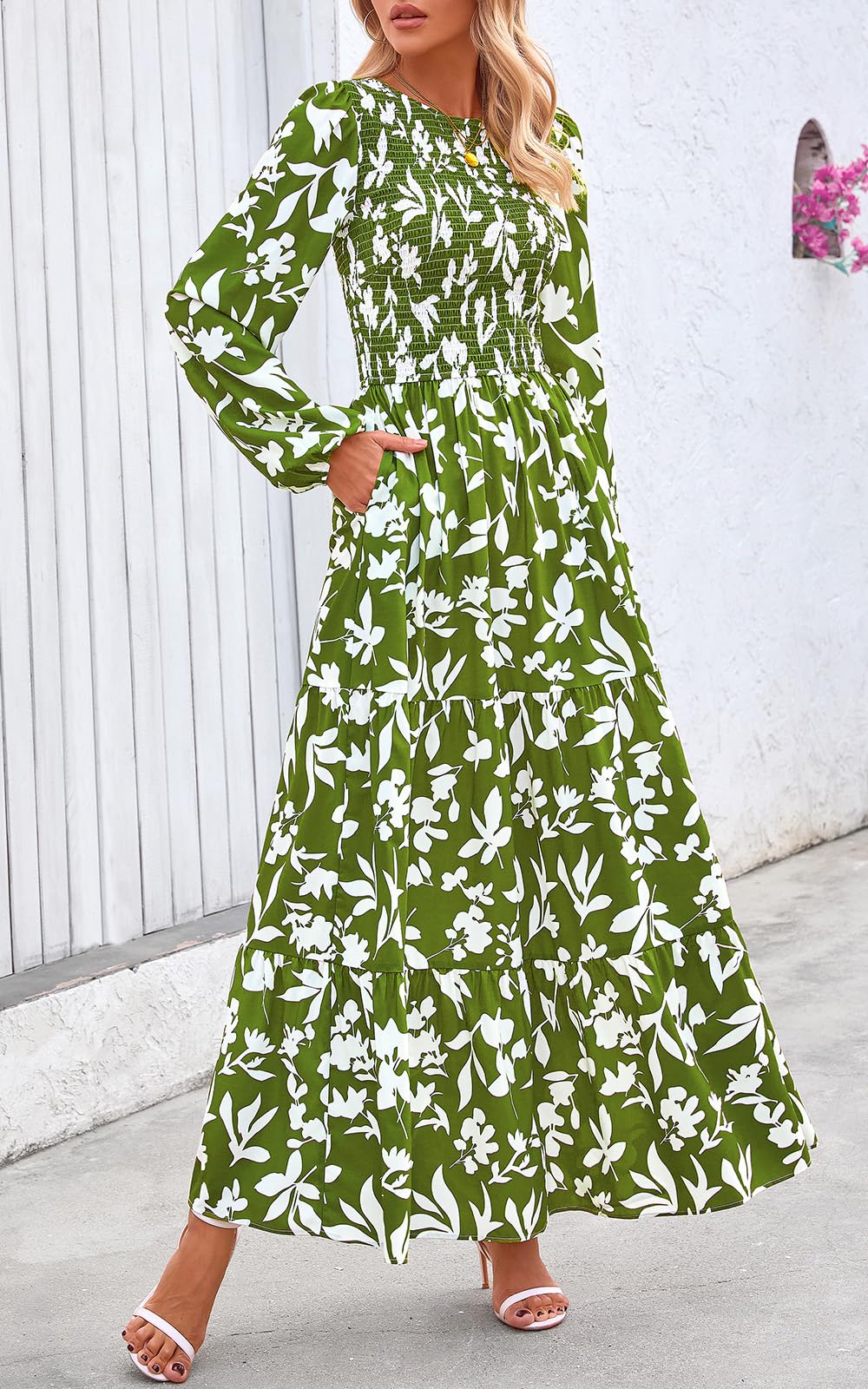 PRETTYGARDEN Women's Fall Dresses Long Sleeve Flowy Casual Floral Maxi Dress Crew Neck Smocked Tiered Long Dress