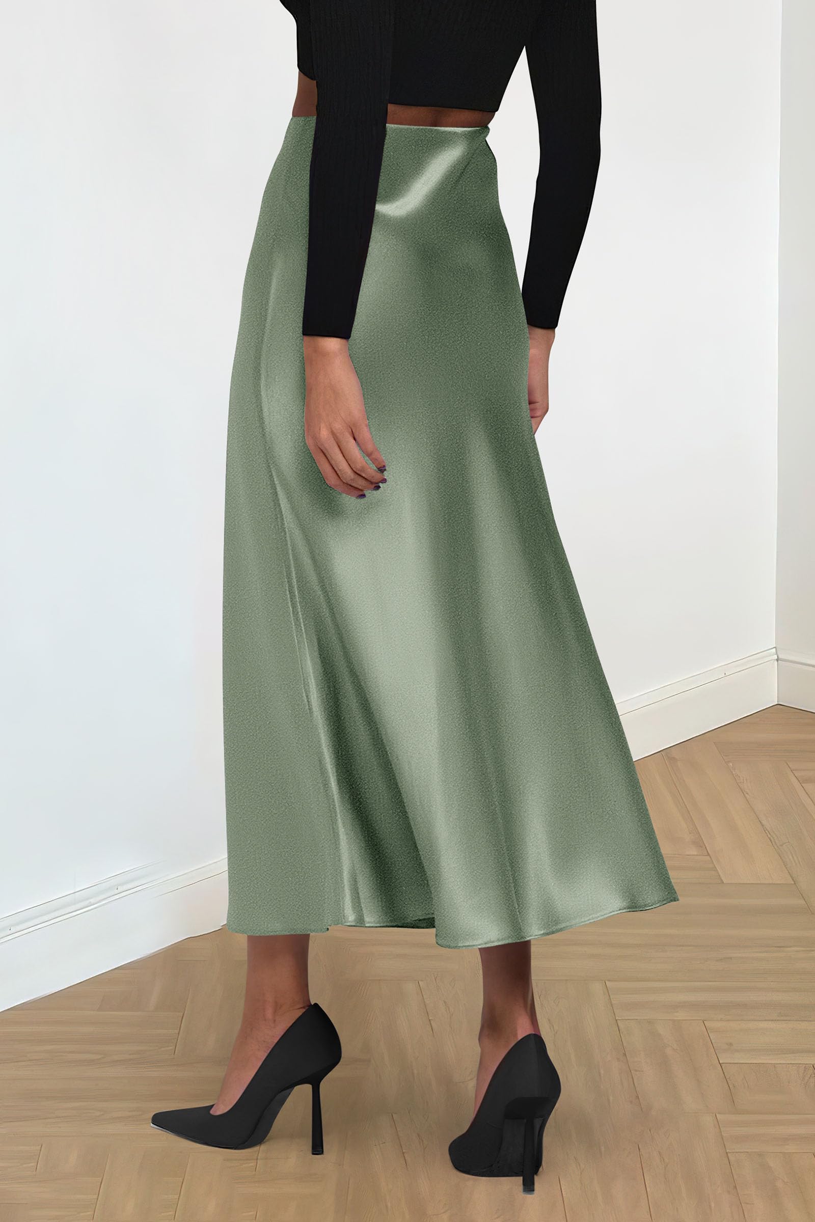 PRETTYGARDEN Women's Satin Skirts Dressy Casual Fall High Waisted Cocktail Wedding Flowy Elegant A Line Midi Skirt