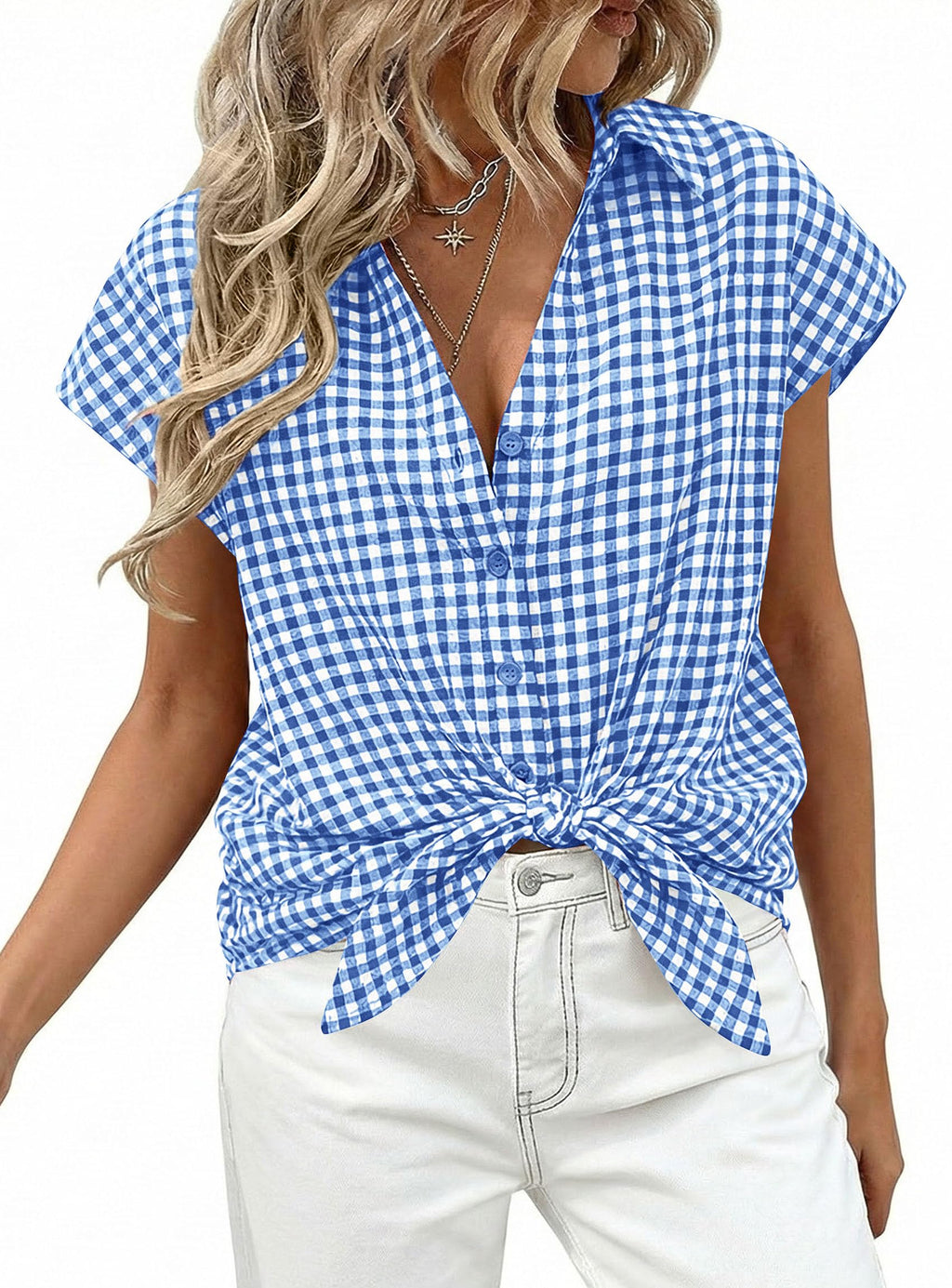 PRETTYGARDEN Womens Short Sleeve Shirts Plaid Button Down Blouse Dressy Casual Summer Spring Business Gingham Work Tops