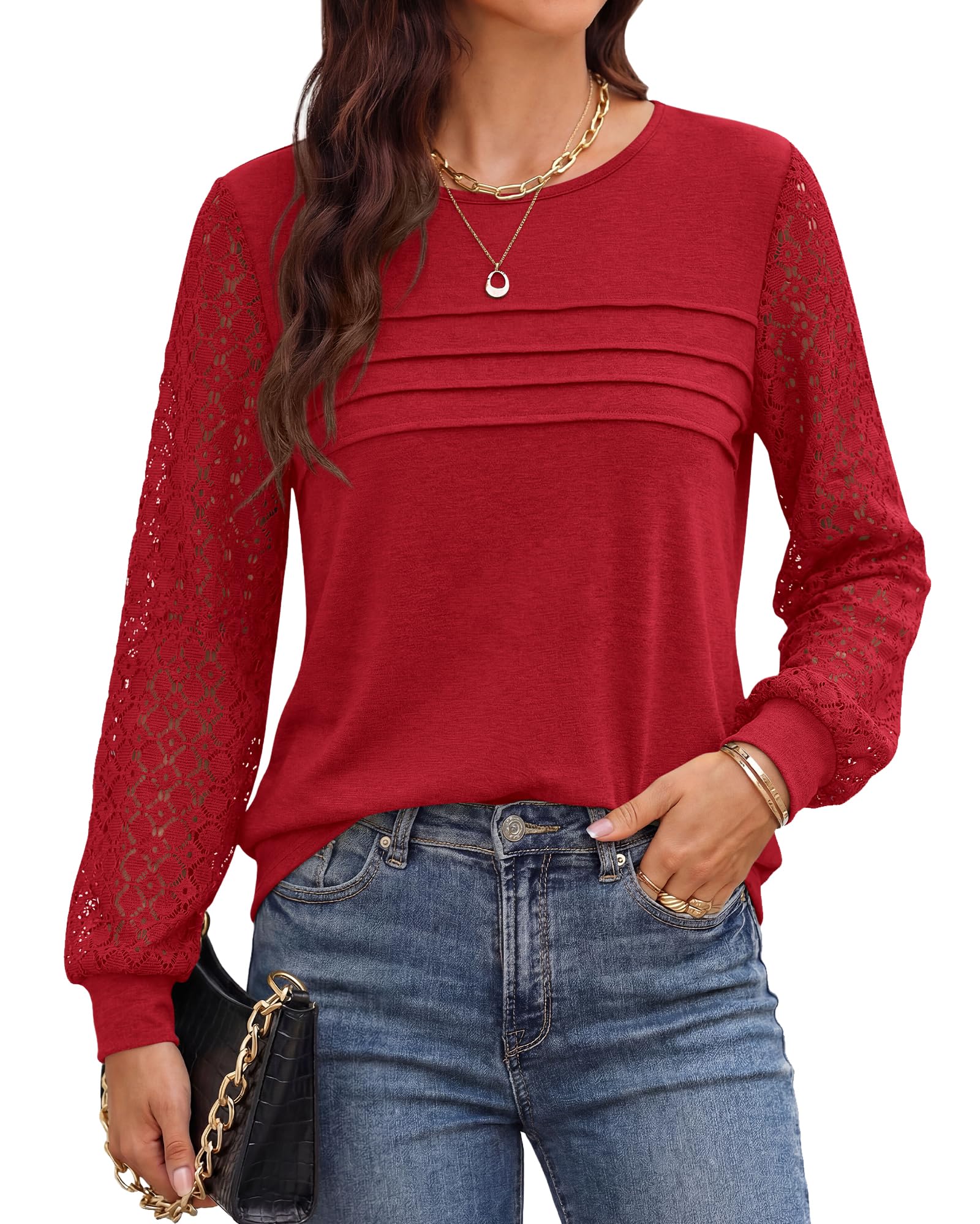 BTFBM Women's Long Sleeve Shirts Dressy Lace Fall Tops Trendy Business Casual T-Shirts Cute Work Outfits Blouses