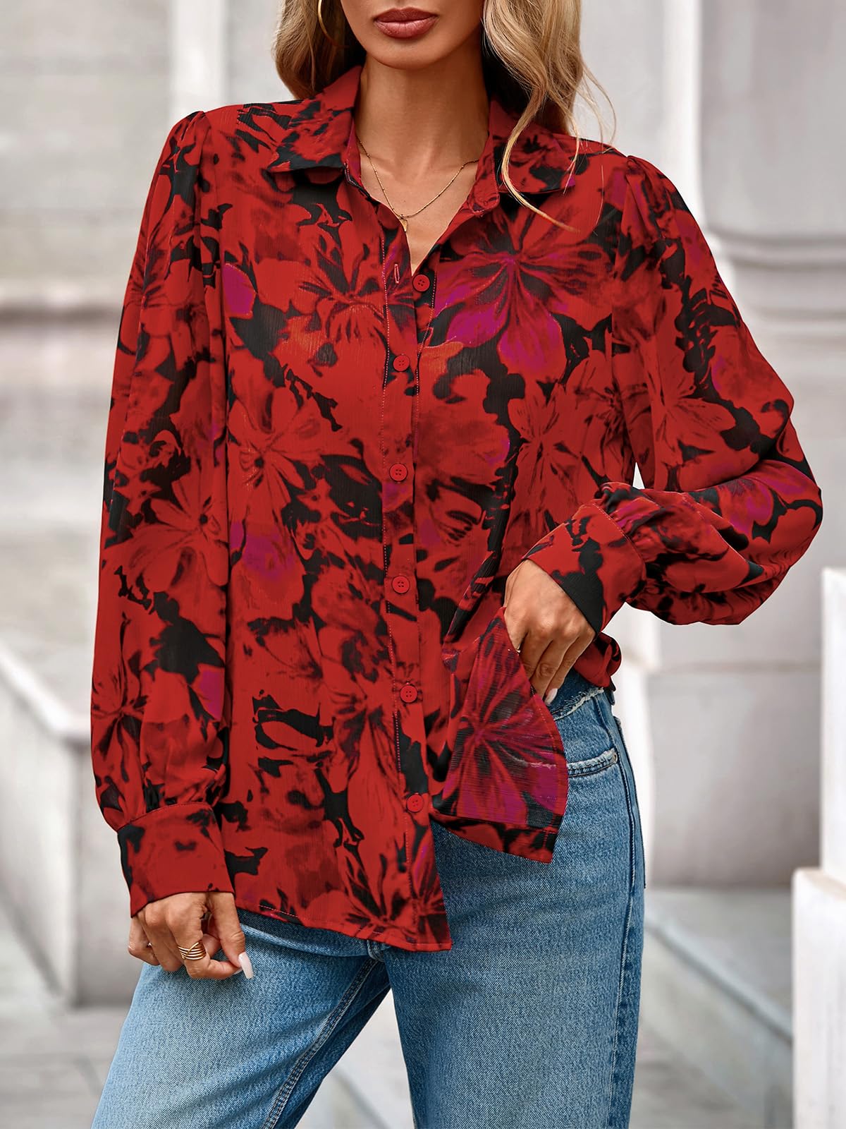 PRETTYGARDEN Women's Floral Blouses Dressy Casual V Neck Button Down Shirts Lantern Long Sleeve Boho Chiffon Spring Tops
