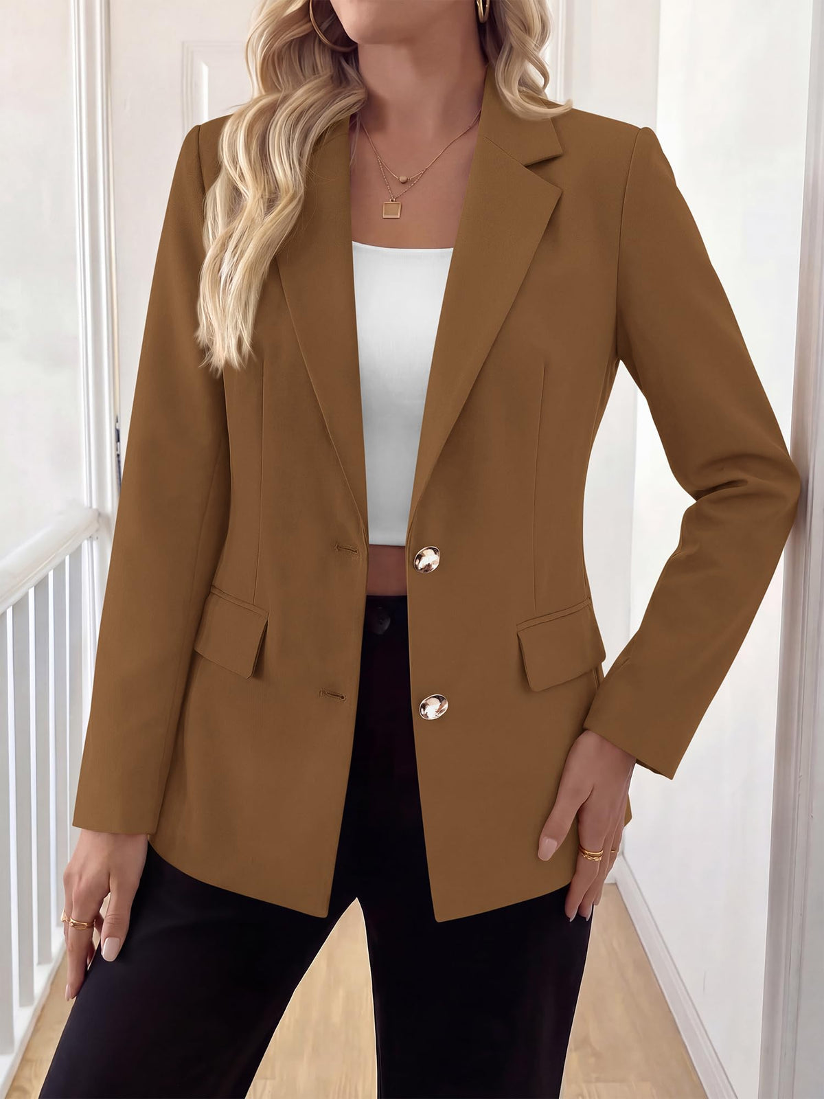 BTFBM Blazers for Women Business Casual Outfits Work Fall Clothes Breasted Notch Lapel, Long Sleeve, Gold Button, Fitted, Open Front Suit Jackets, Pockets, Dressy Professional Office Blazer