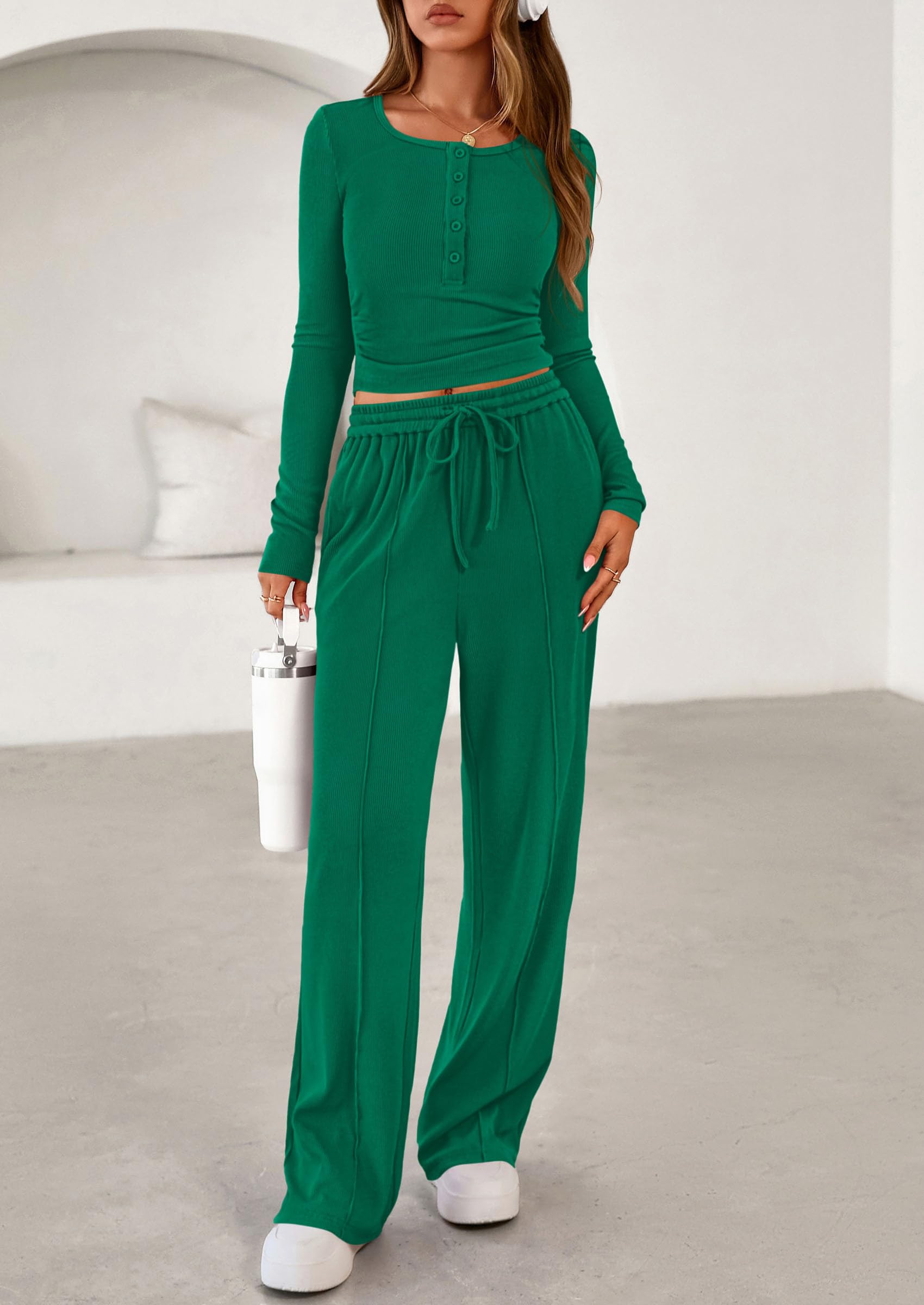 PRETTYGARDEN Women's  Fall Trendy 2 Piece Outfits Lounge Sets Long Sleeve Top Henley Shirts Wide Leg Pants Travel Clothes