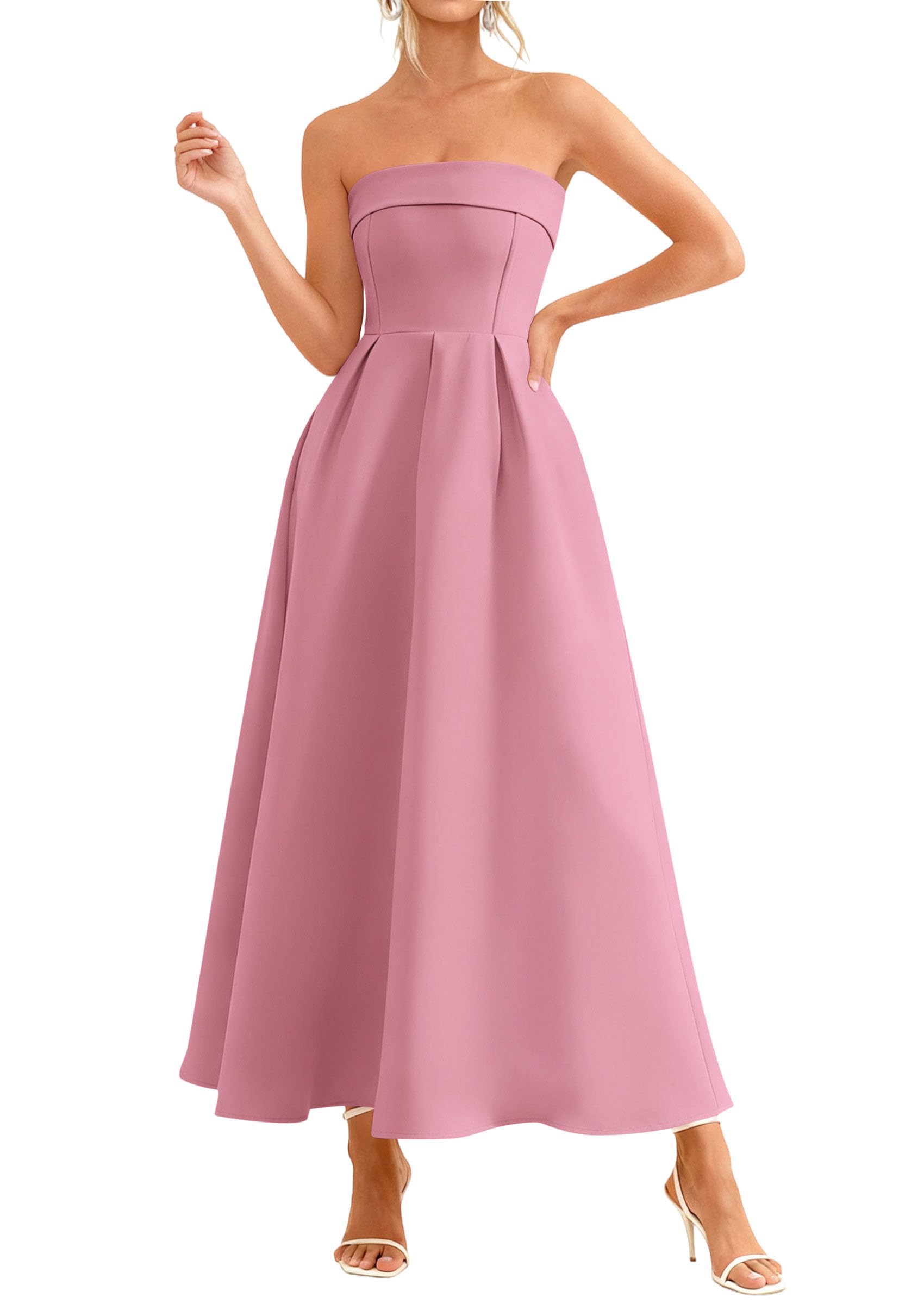 PRETTYGARDEN Cocktail Dresses for Women Summer Formal Elegant Tube Top Strapless Spring Wedding Guest Party Midi Dress