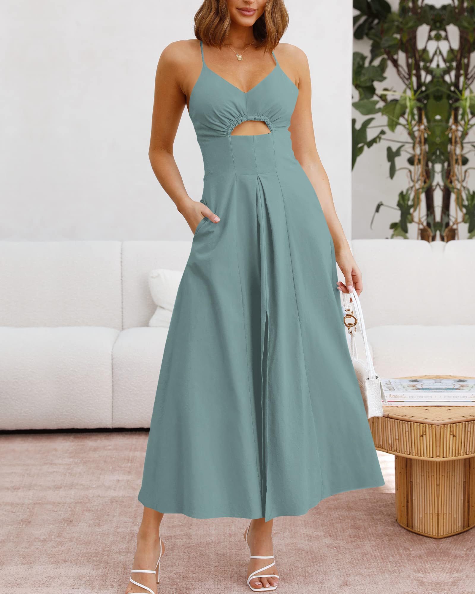 BTFBM Women Spaghetti Strap Midi Summer Dresses Sleeveless V Neck Cutout Slit Casual Beach Party Maxi Dress Pockets
