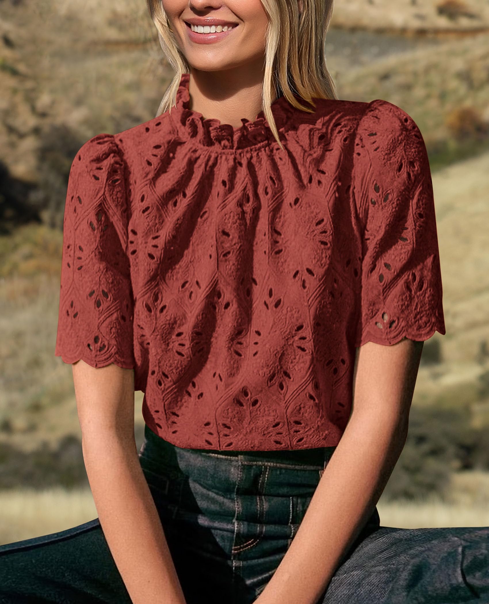 PRETTYGARDEN Womens Summer Tops Trendy Short Sleeve Eyelet Embroidered Dressy Casual Blouse Shirts