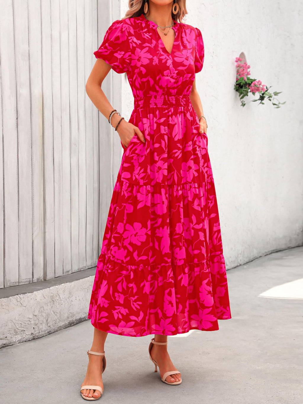 PRETTYGARDEN Summer Maxi Dresses for Women  Casual V Neck Puff Short Sleeve Smocked Flowy Beach Boho Long Floral Dress