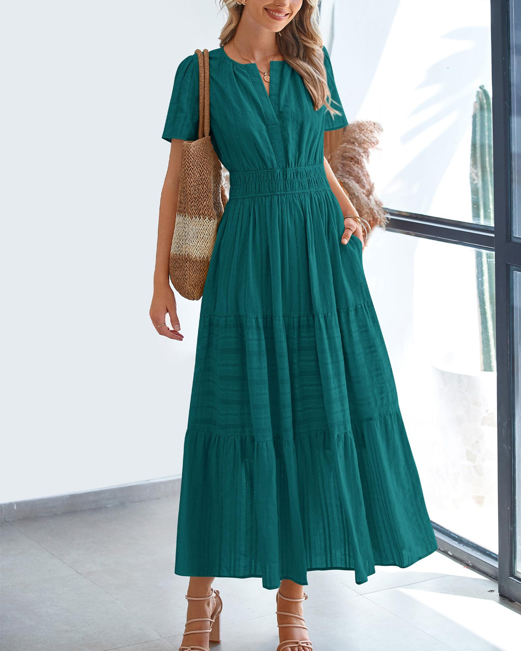 BTFBM Womens Summer Casual Midi Maxi Dresses Lightweight Short Sleeve V Neck Elastic Waist Boho Beach Dress Pockets