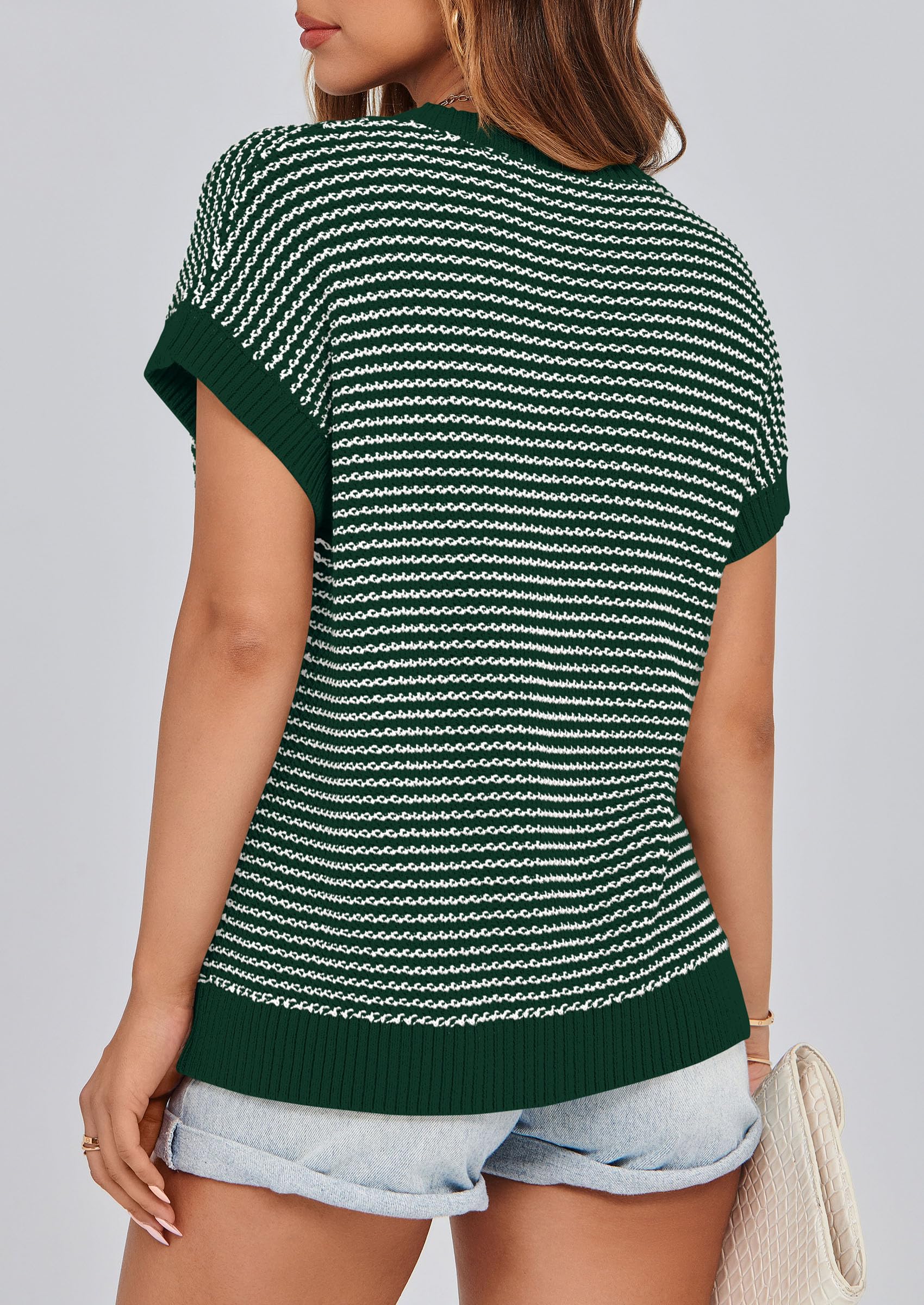PRETTYGARDEN Womens Short Sleeve Sweater Spring Summer Round Neck Striped Pullover Cap Sleeve Knit Sweater Vest Tops