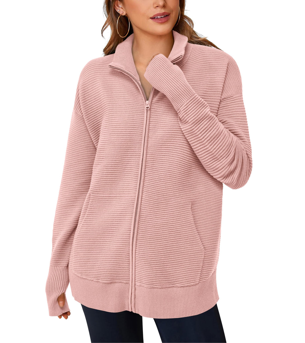PRETTYGARDEN Womens Fall Long Sleeve Zip Up Cardigan Sweaters Casual Loose Collared Ribbed Knit Tops Jackets Thumb Hole