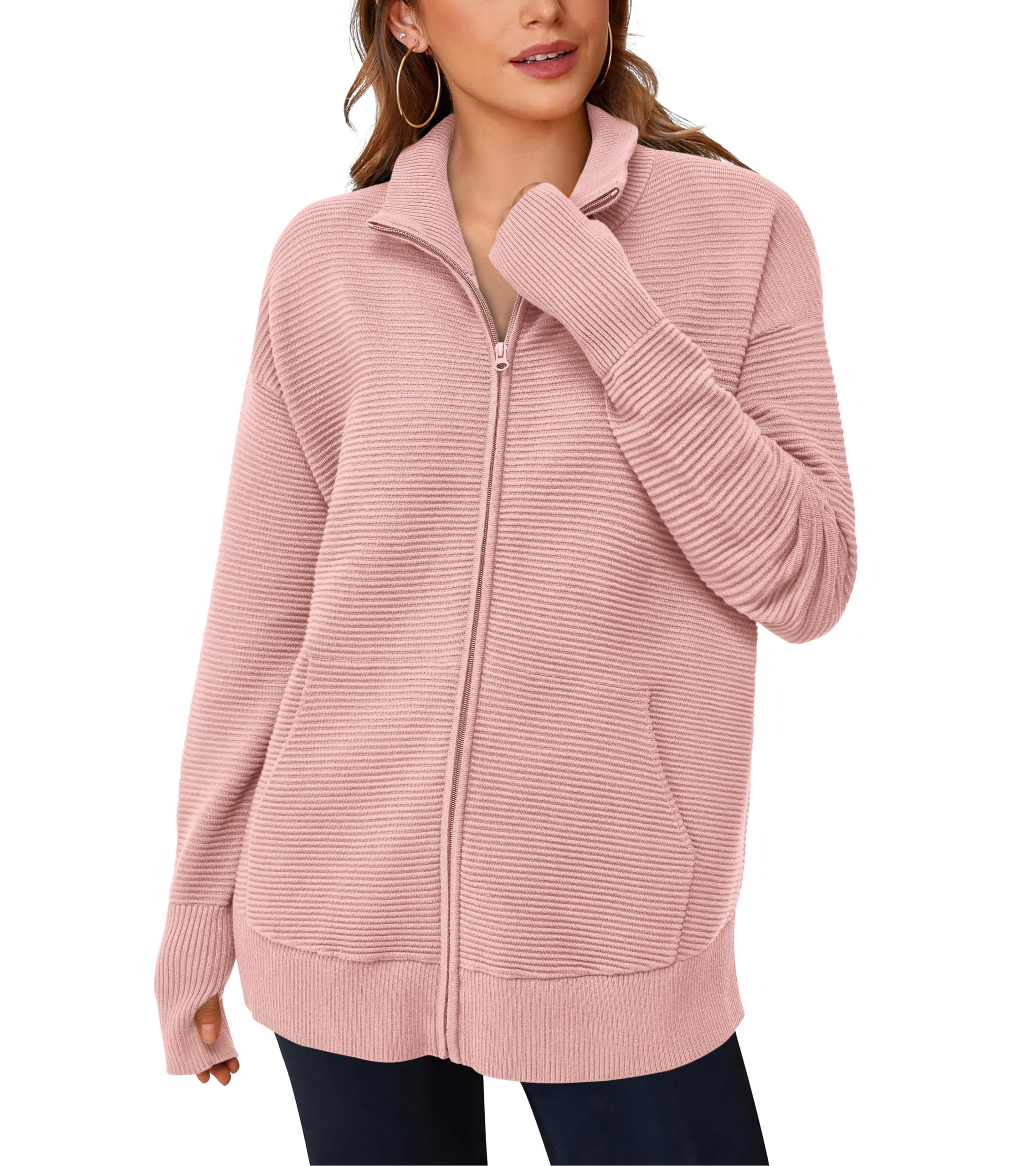 PRETTYGARDEN Womens Fall Long Sleeve Zip Up Cardigan Sweaters Casual Loose Collared Ribbed Knit Tops Jackets Thumb Hole